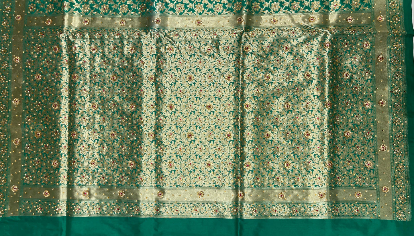 Faishana Presents Green Satin Silk Floral Zari Jaal Low Stone Work Banarasi Saree with Lehariya Pallu and Green Blouse