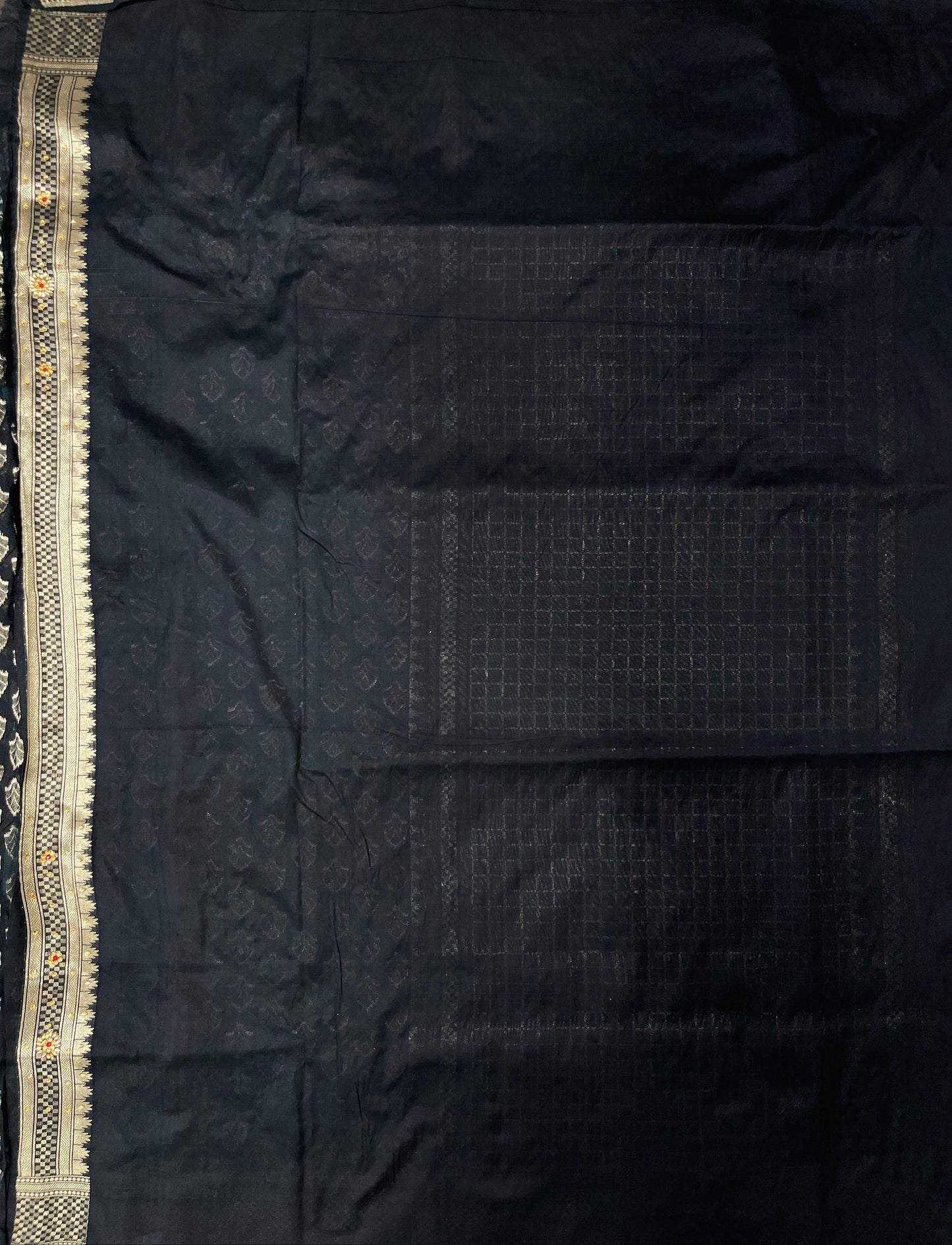 Faishana Presents Black Satin Silk Floral Zari Booti Low Stone Work Banarasi Saree with Checkered Pallu Skirt Zari and Black Blouse