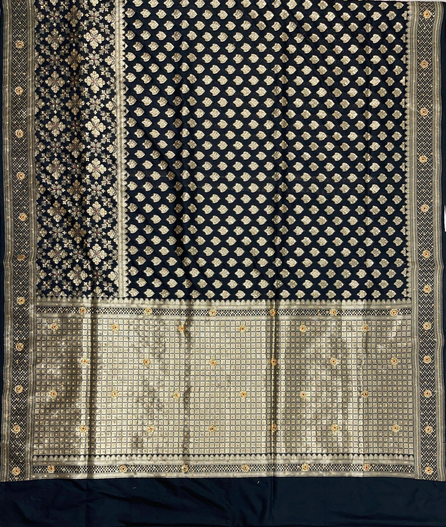 Faishana Presents Black Satin Silk Floral Zari Booti Low Stone Work Banarasi Saree with Checkered Pallu Skirt Zari and Black Blouse