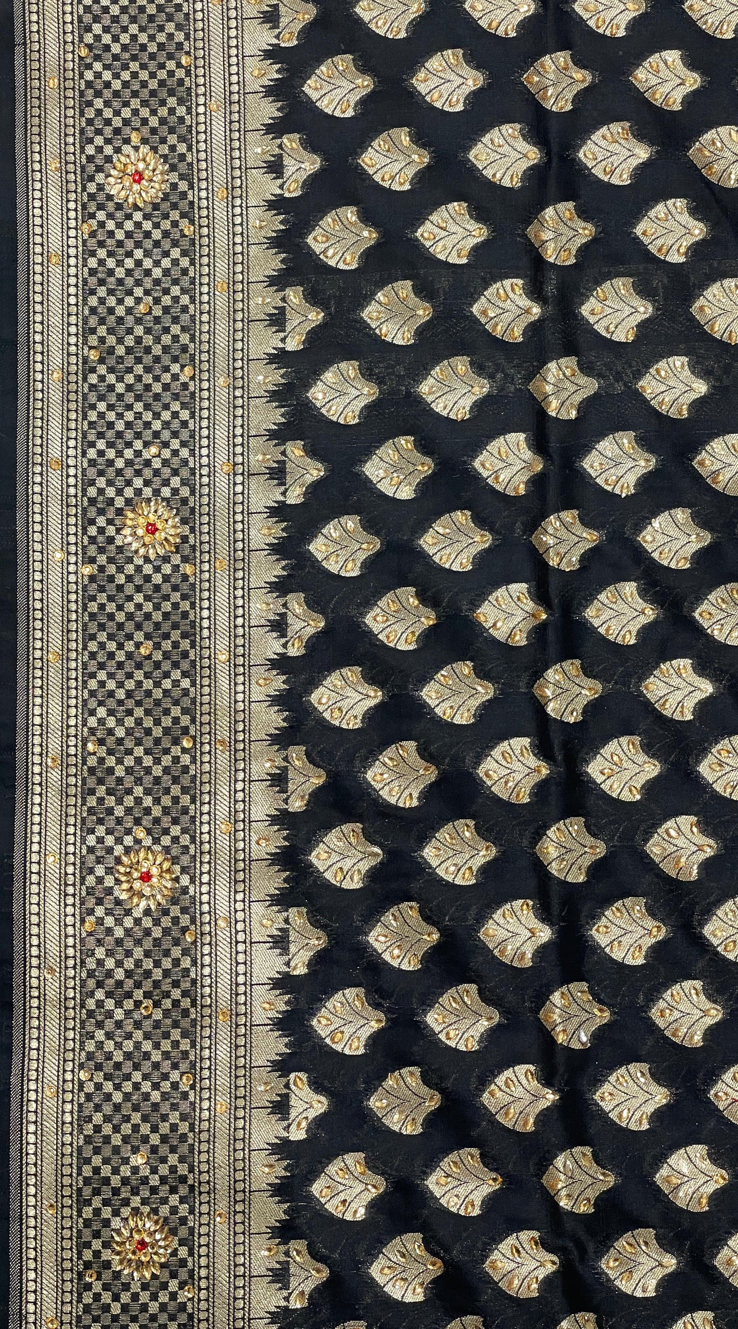 Faishana Presents Black Satin Silk Floral Zari Booti Low Stone Work Banarasi Saree with Checkered Pallu Skirt Zari and Black Blouse