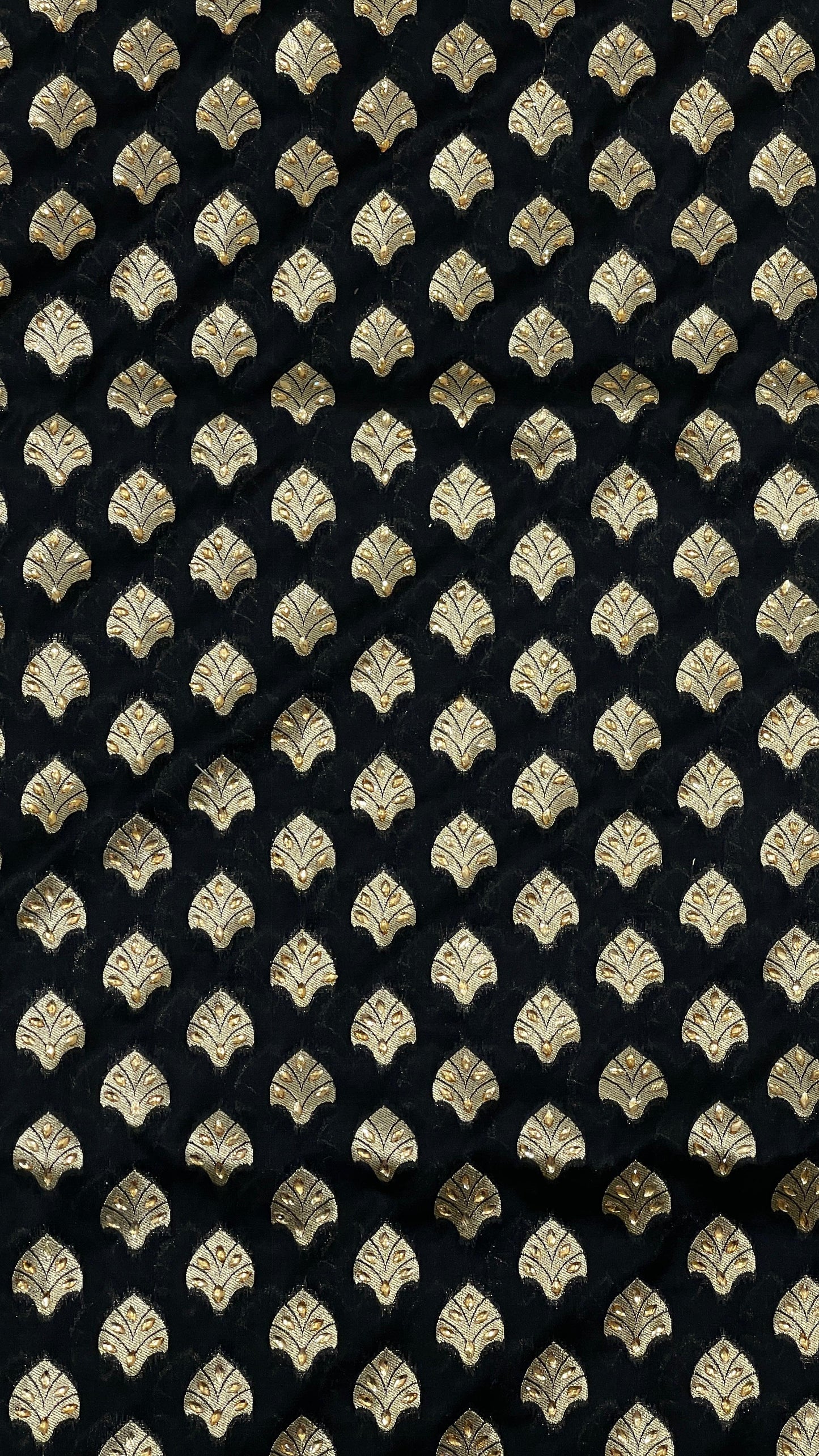 Faishana Presents Black Satin Silk Floral Zari Booti Low Stone Work Banarasi Saree with Checkered Pallu Skirt Zari and Black Blouse
