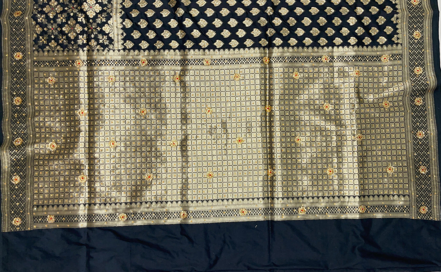Faishana Presents Black Satin Silk Floral Zari Booti Low Stone Work Banarasi Saree with Checkered Pallu Skirt Zari and Black Blouse