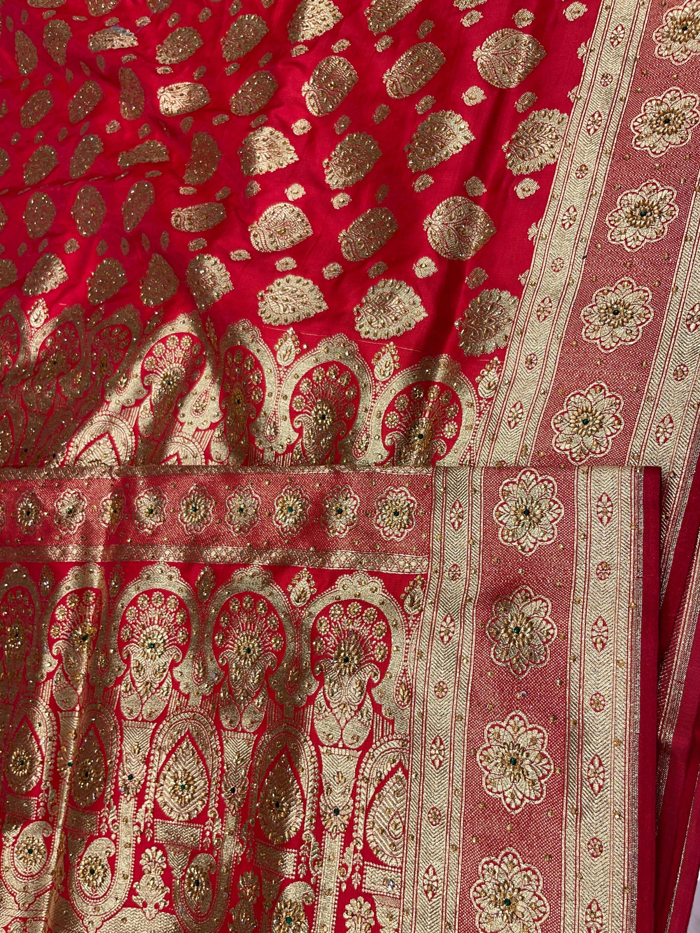 Faishana Presents Rose Pink Satin Silk Floral Zari Boota Heavy Stone Work Banarasi Saree with Floral Boota Zari Border and Strawberry Pink Blouse