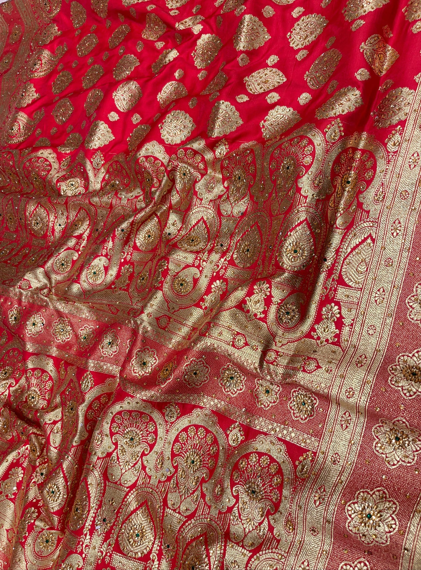 Faishana Presents Rose Pink Satin Silk Floral Zari Boota Heavy Stone Work Banarasi Saree with Floral Boota Zari Border and Strawberry Pink Blouse