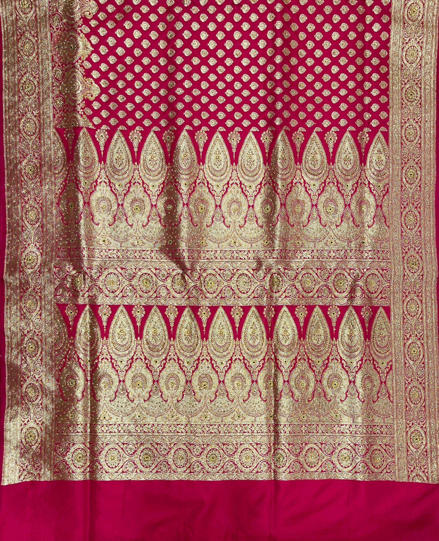 Faishana Presents Pink Satin Silk Floral Zari Booti Low Stone Work Skirt Zari Border with Banarasi Pallu and Pink Blouse
