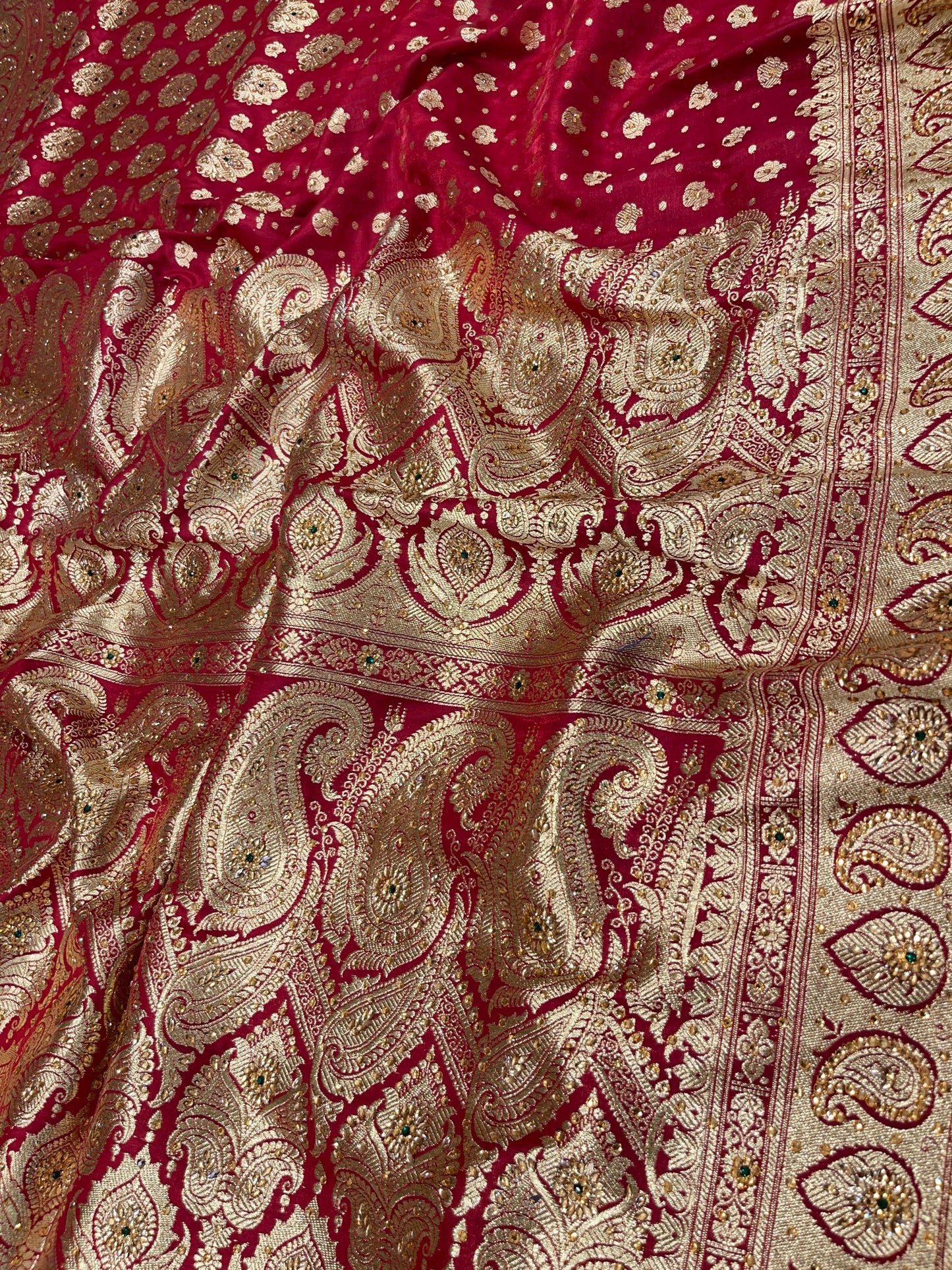 Faishana Presents Maroon Satin Silk Half Half Patli Zari Booti Low Stone Work Saree with Banarasi Pallu and Maroon Blouse