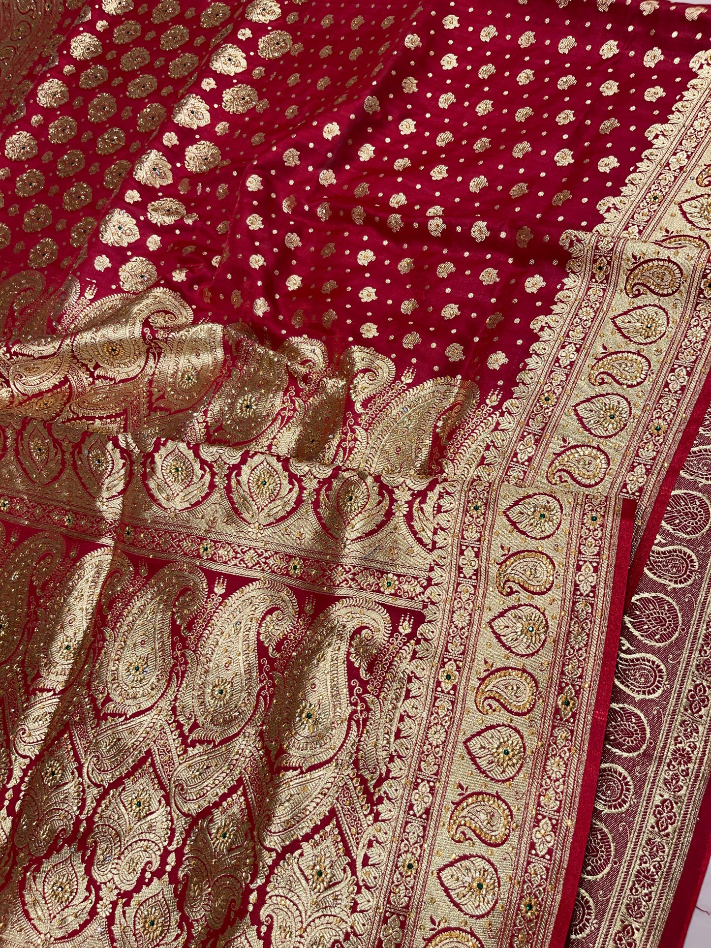 Faishana Presents Maroon Satin Silk Half Half Patli Zari Booti Low Stone Work Saree with Banarasi Pallu and Maroon Blouse