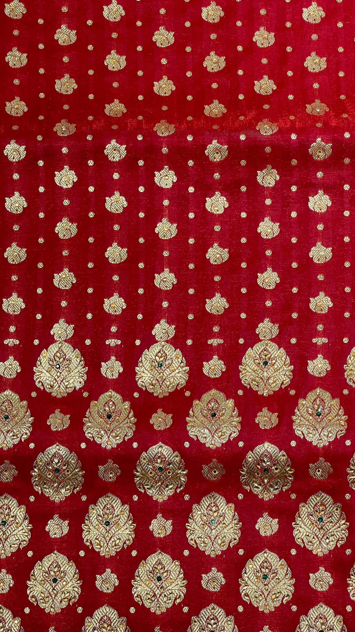 Faishana Presents Maroon Satin Silk Half Half Patli Zari Booti Low Stone Work Saree with Banarasi Pallu and Maroon Blouse