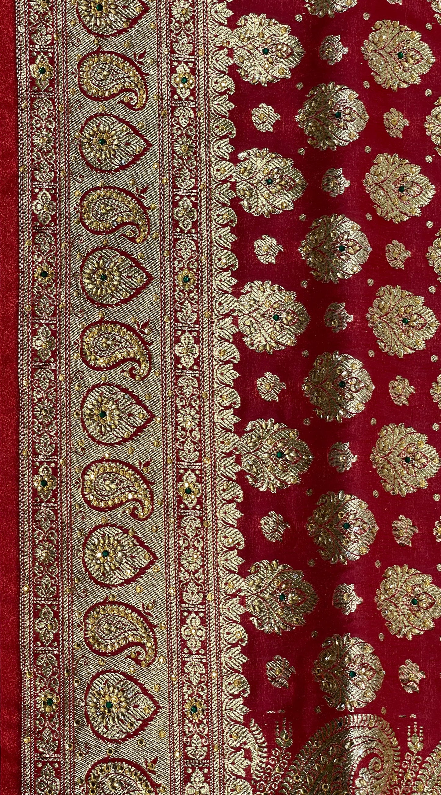 Faishana Presents Maroon Satin Silk Half Half Patli Zari Booti Low Stone Work Saree with Banarasi Pallu and Maroon Blouse