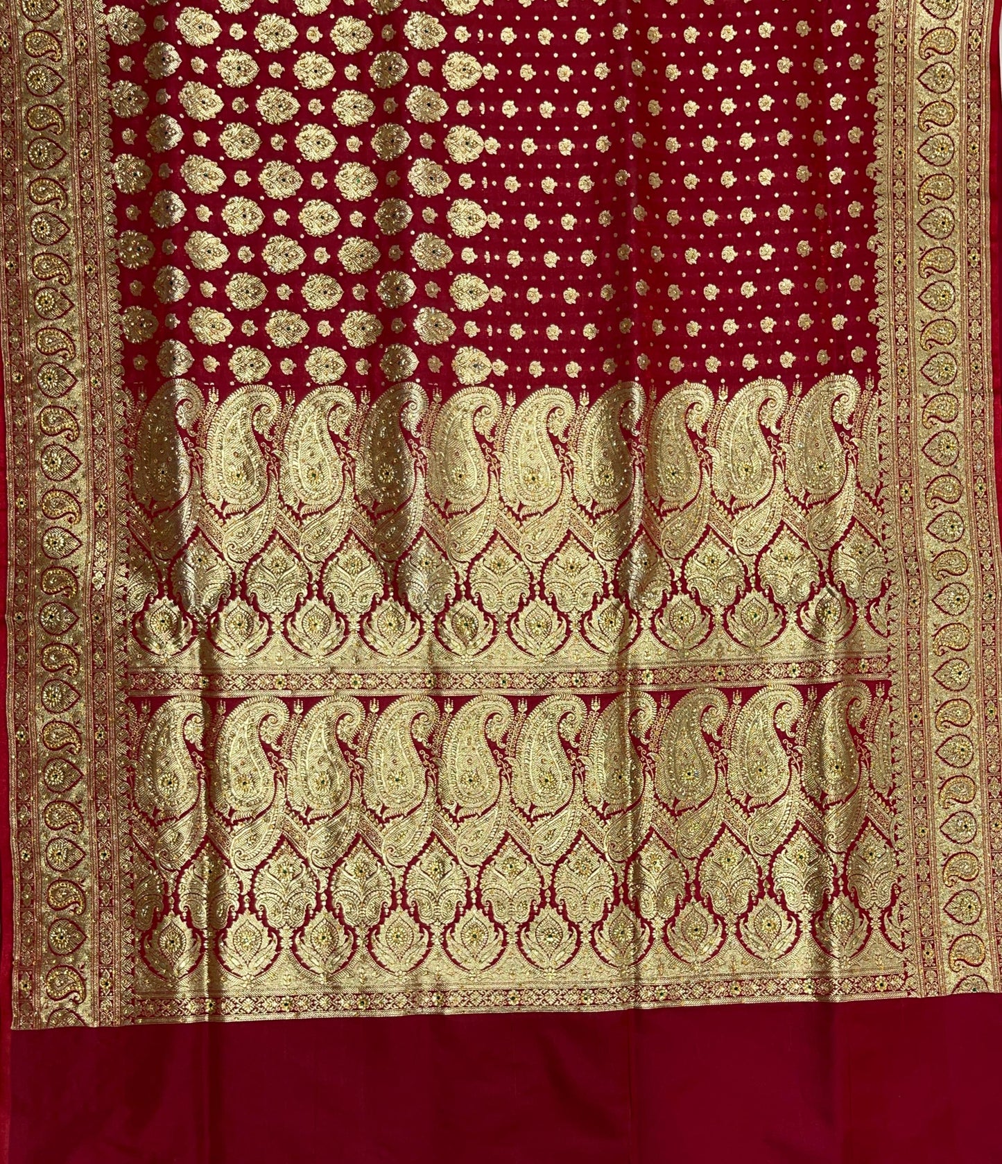 Faishana Presents Maroon Satin Silk Half Half Patli Zari Booti Low Stone Work Saree with Banarasi Pallu and Maroon Blouse