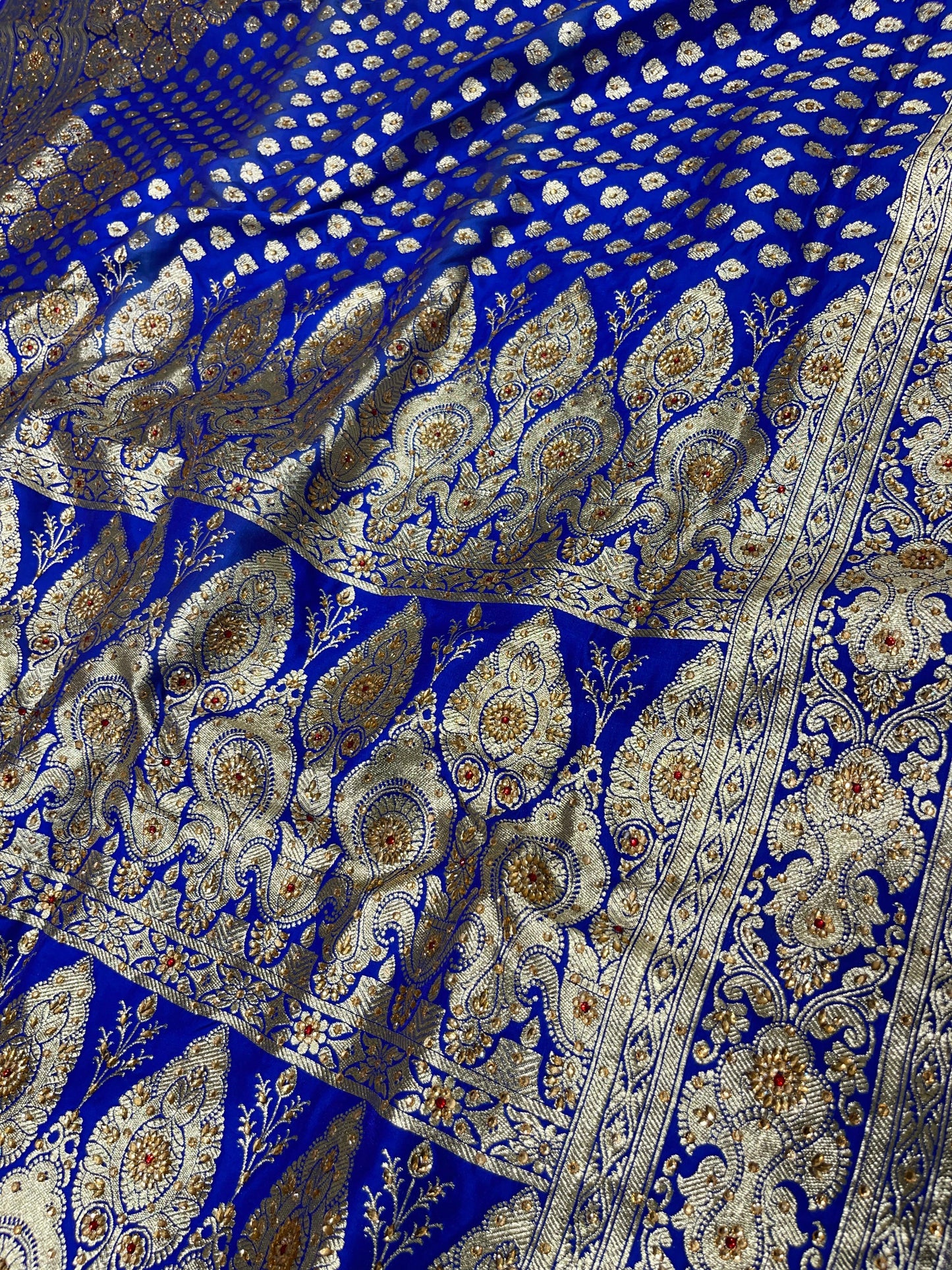 Faishana Presents Blue Satin Silk Floral Zari Booti Low Stone Work Skirt Zari Border with Banarasi Pallu and Blue Blouse