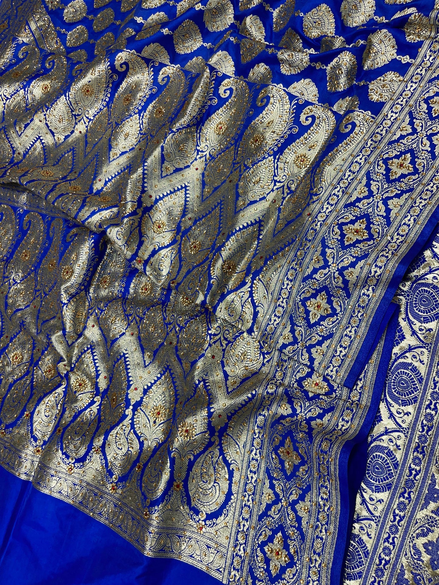 Faishana Presents Blue Satin Silk Floral Zari Stripe Heavy Stone Work Banarasi Saree with Skirt Zig-Zag Zari Border and Blue Blouse