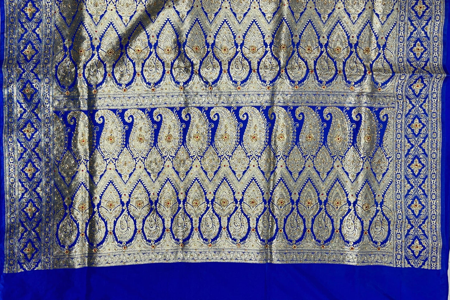 Faishana Presents Blue Satin Silk Floral Zari Stripe Heavy Stone Work Banarasi Saree with Skirt Zig-Zag Zari Border and Blue Blouse