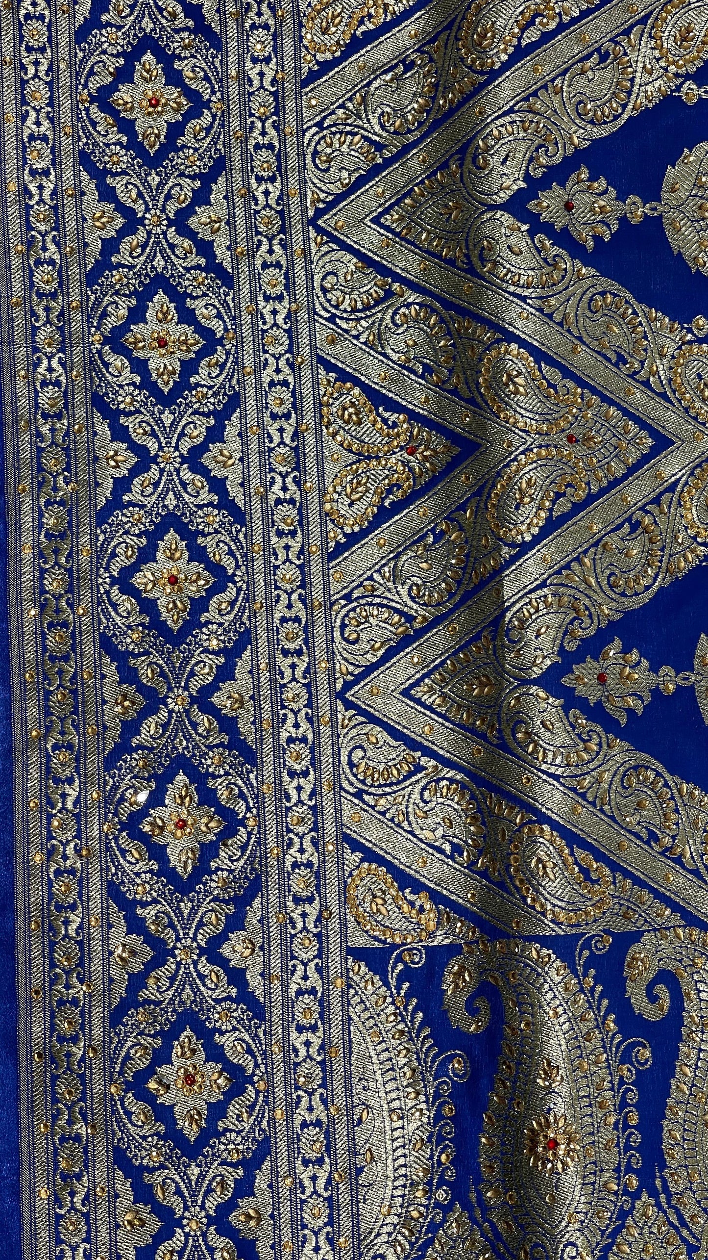 Faishana Presents Blue Satin Silk Floral Zari Stripe Heavy Stone Work Banarasi Saree with Skirt Zig-Zag Zari Border and Blue Blouse