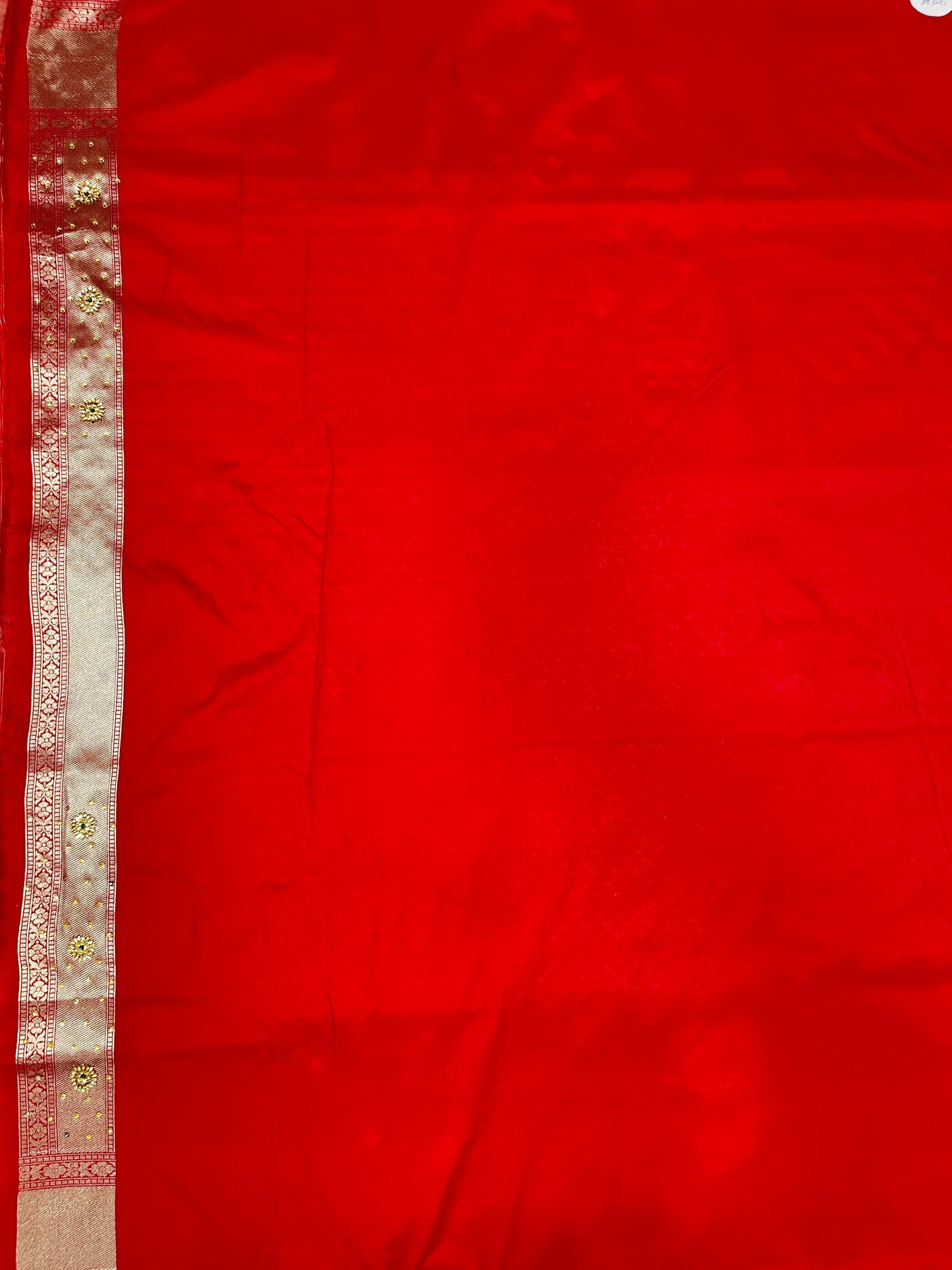 Faishana Presents Red Satin Silk Floral Booti Heavy Stone Work Saree with Banarasi Floral Pallu and Red Blouse