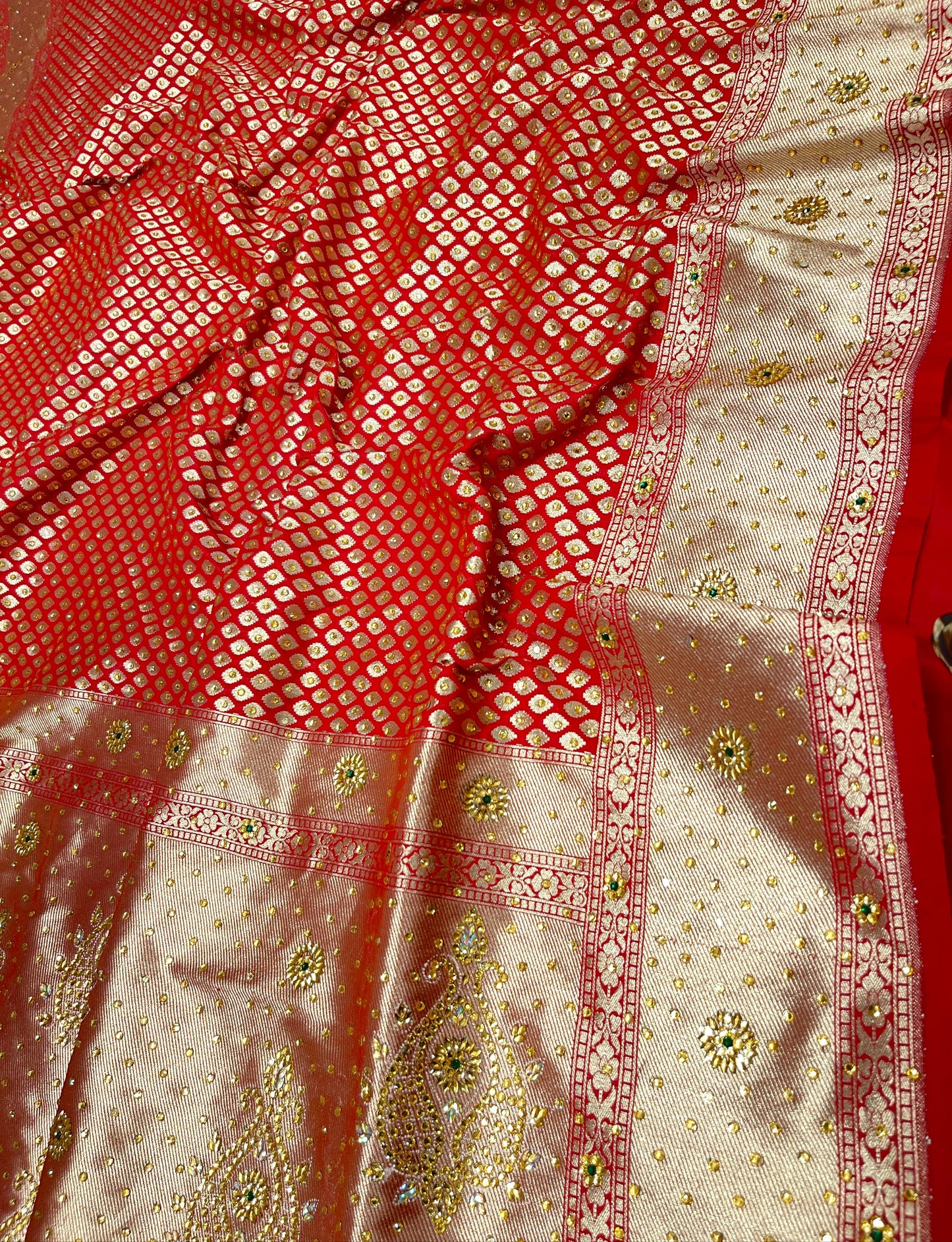Faishana Presents Red Satin Silk Floral Booti Heavy Stone Work Saree with Banarasi Floral Pallu and Red Blouse