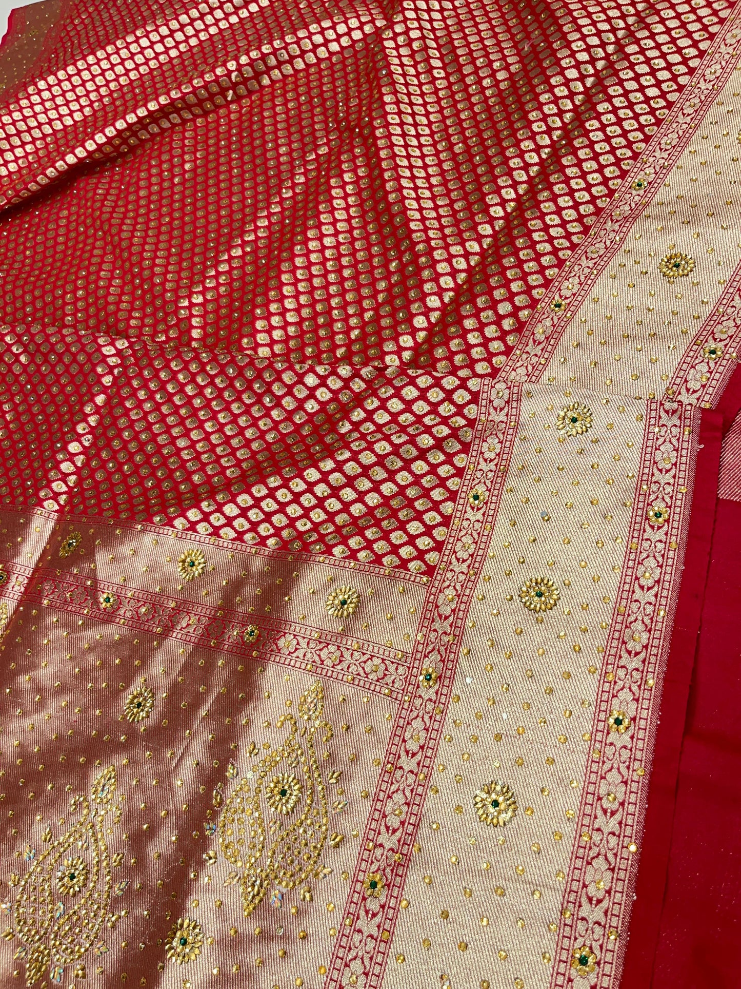 Faishana Presents Red Satin Silk Floral Booti Heavy Stone Work Saree with Banarasi Floral Pallu and Red Blouse