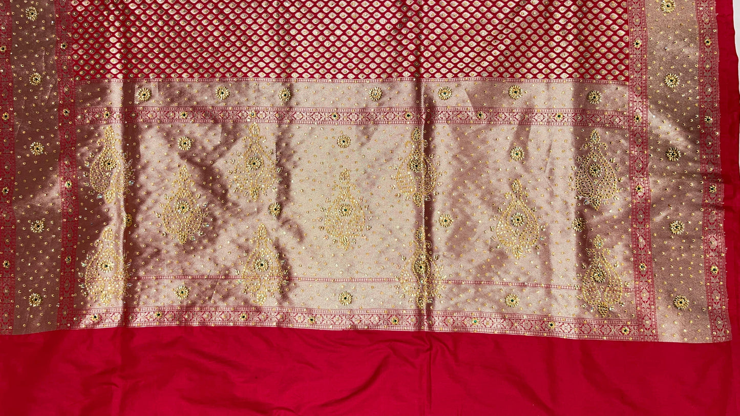 Faishana Presents Red Satin Silk Floral Booti Heavy Stone Work Saree with Banarasi Floral Pallu and Red Blouse