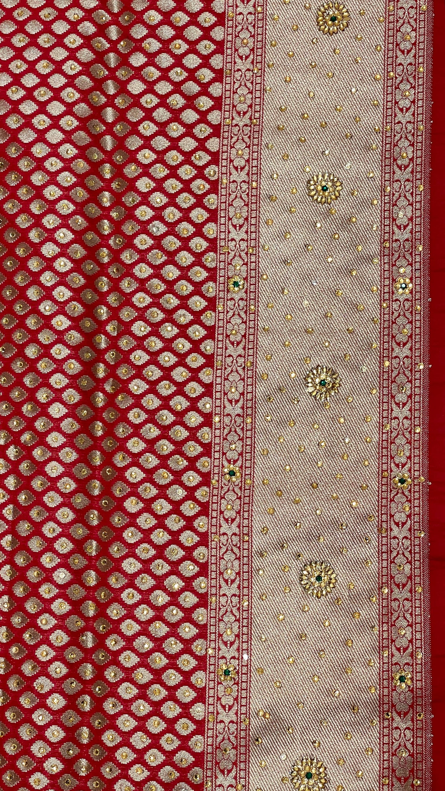 Faishana Presents Red Satin Silk Floral Booti Heavy Stone Work Saree with Banarasi Floral Pallu and Red Blouse