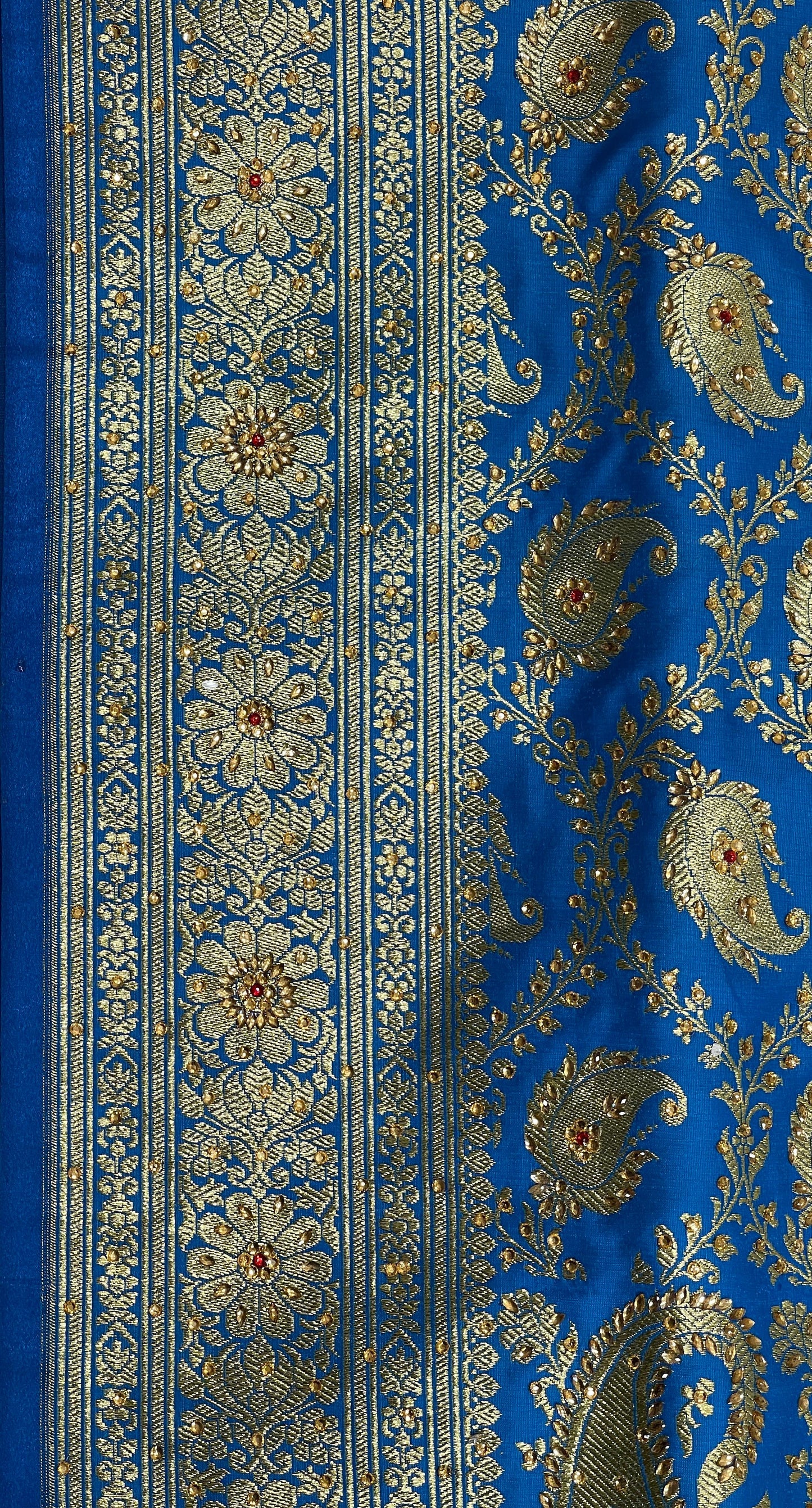 Faishana Presents Turqouise Blue Satin Silk Floral Paisley Zari Jaal Low Stone Work Banarasi Saree with Paisley Boota Pallu and Blue Blouse