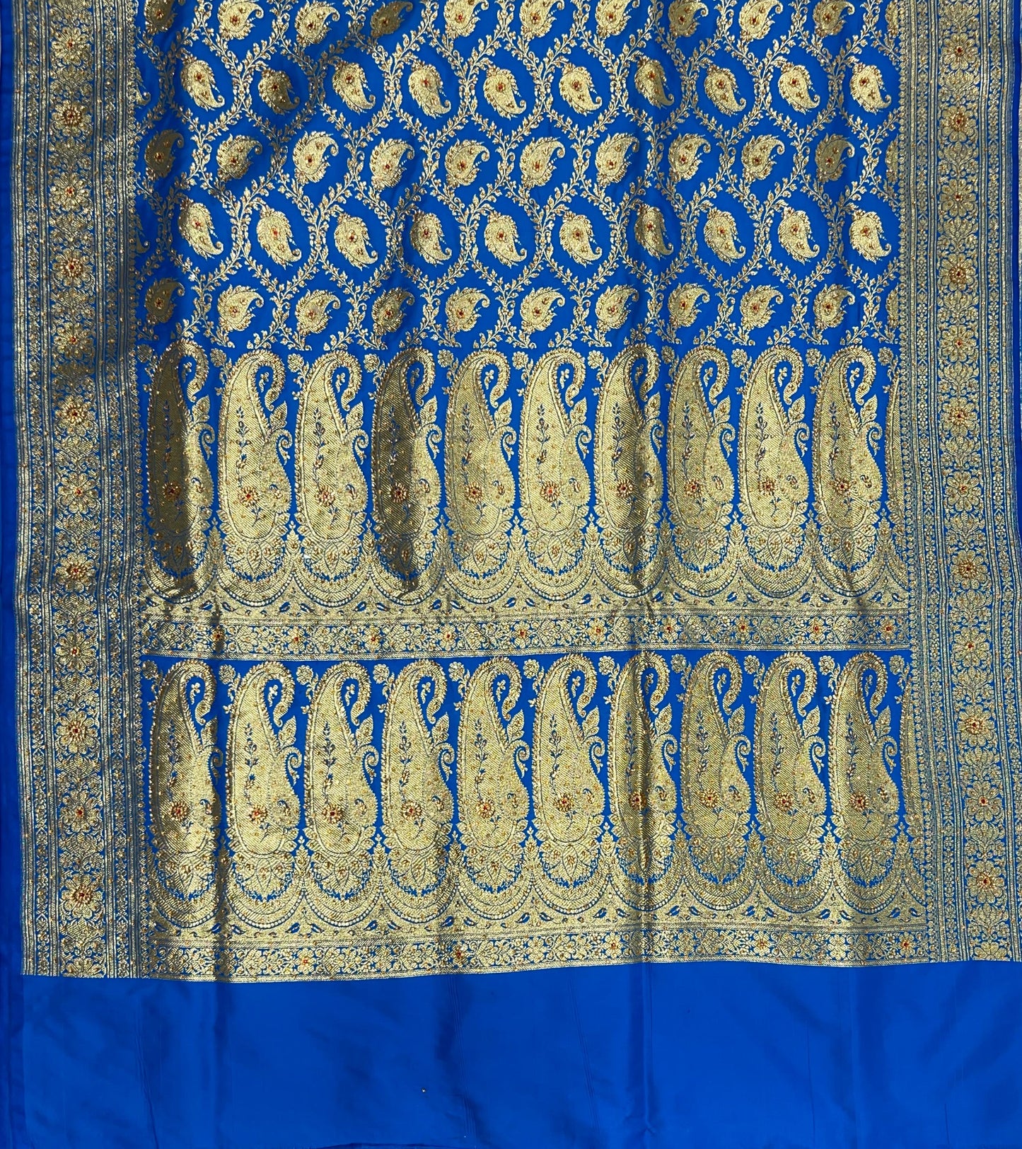 Faishana Presents Turqouise Blue Satin Silk Floral Paisley Zari Jaal Low Stone Work Banarasi Saree with Paisley Boota Pallu and Blue Blouse