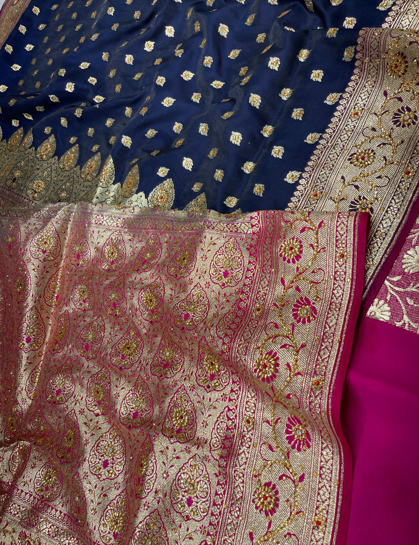 Faishana Presents Navy Blue Satin Silk Floral Zari Booti Low Stone Work Banarasi Saree with Contrast Purple Pallu and Purple Blouse