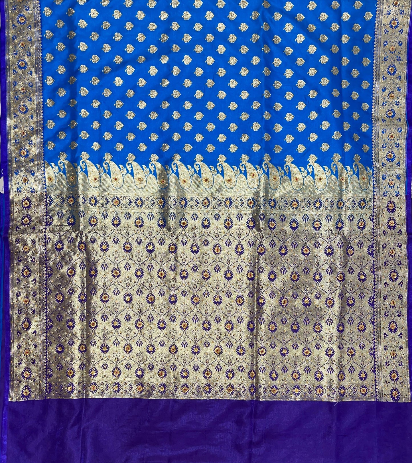 Faishana Presents Turqouise Blue Satin Silk Floral Zari Booti Low Stone Work Banarasi Saree with Contrast Blue Pallu and Blue Blouse