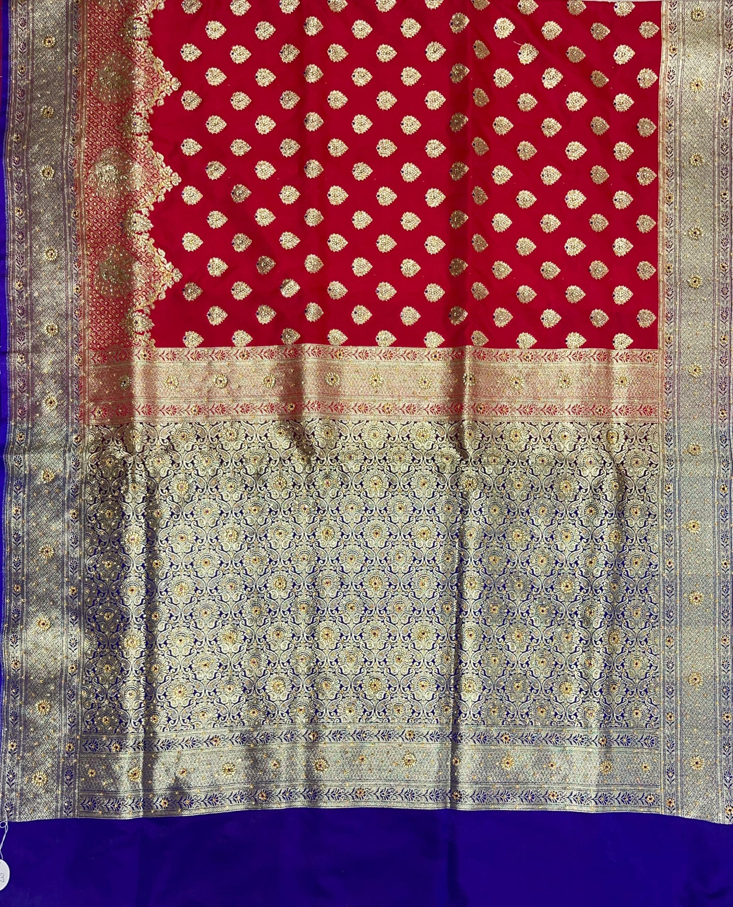 Faishana Presents Red Satin Silk Floral Zari Booti Low Stone Work Skirt Pan Boota Zari Border with Contrast Blue Pallu and Blue Blouse