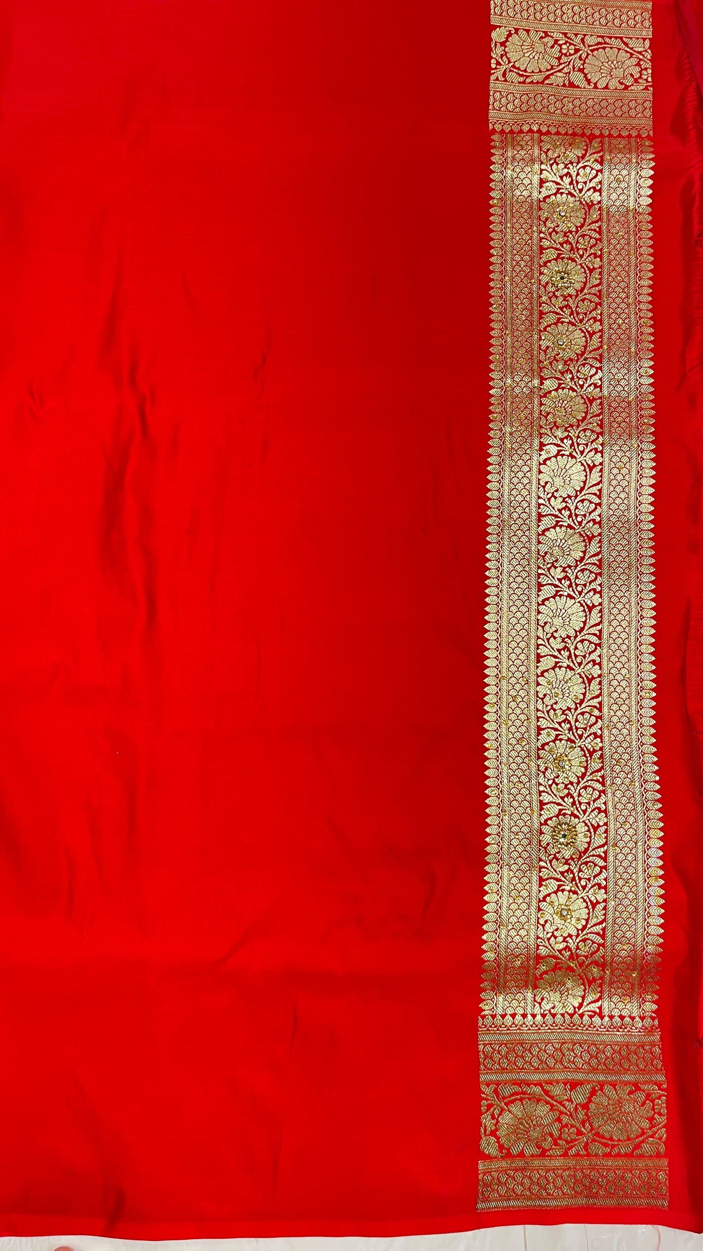 Faishana Presents Red Satin Silk Floral Zari Jaal Low Stone Work Banarasi Saree with Floral Zari Jaal Pallu and Red Blouse