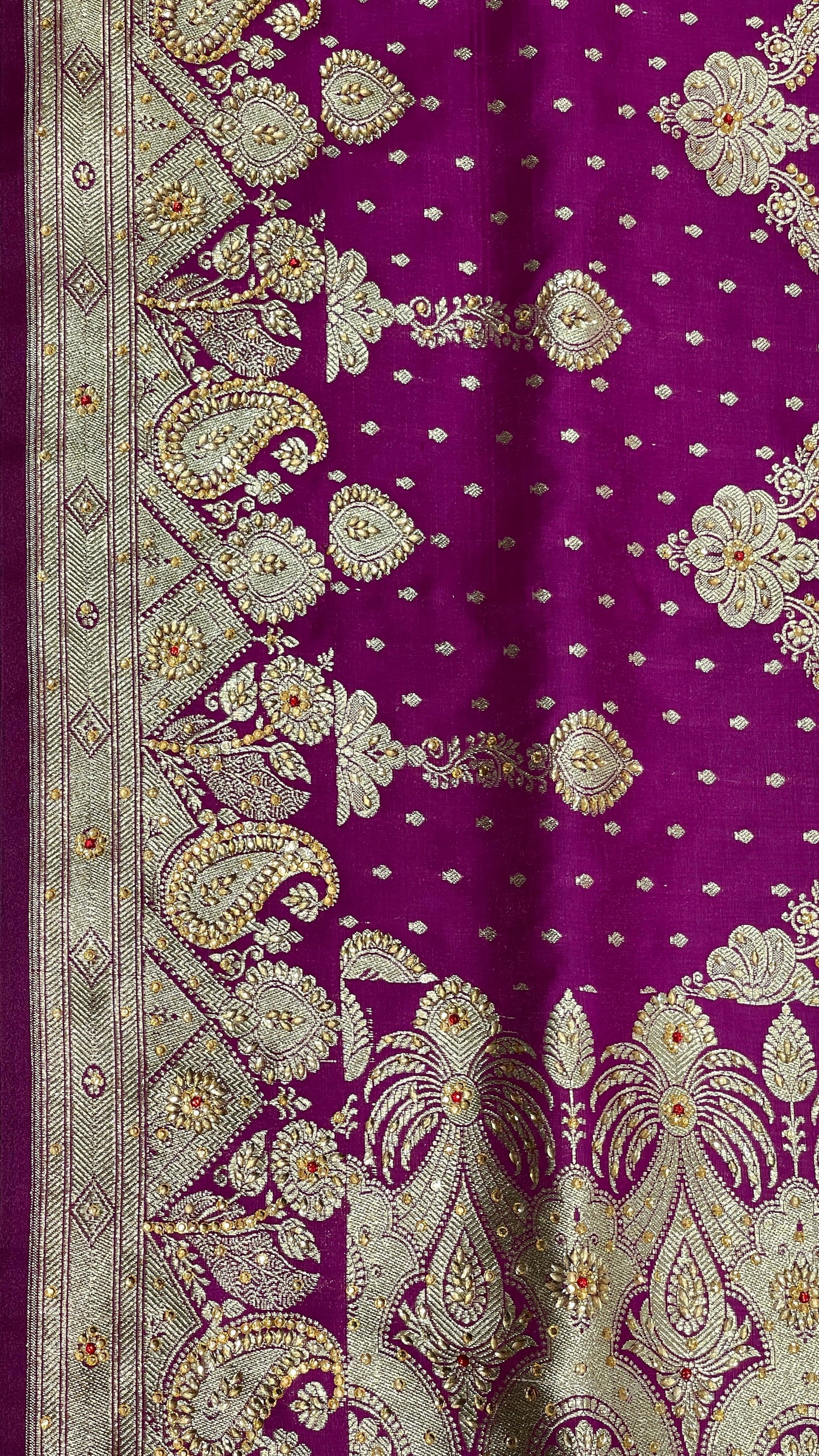 Faishana Presents Purple Satin Silk Floral Zari Zig-Zag Stripe Low Stone Work Banarasi Saree with Banarasi Pallu and Purple Blouse