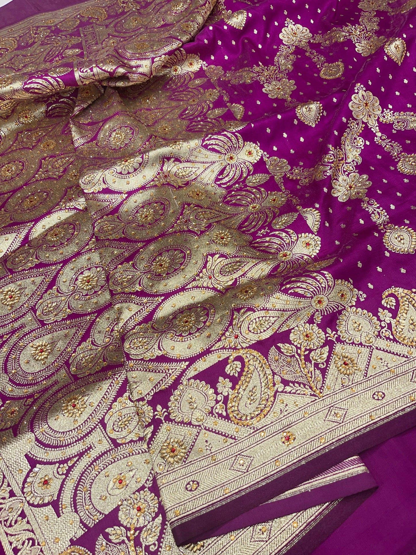 Faishana Presents Purple Satin Silk Floral Zari Zig-Zag Stripe Low Stone Work Banarasi Saree with Banarasi Pallu and Purple Blouse