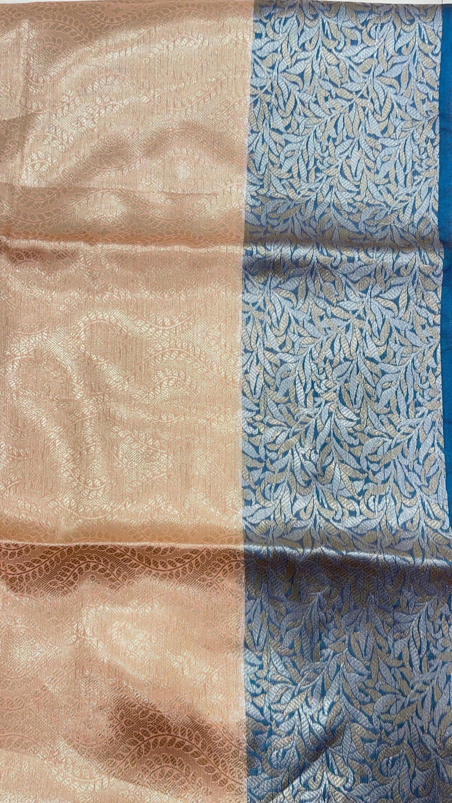 Faishana Presents Peach Art Silk Floral Lehariya Sliver Jaal with Contrast Blue Pallu and Olive Copper Silver Jaal Zari Border with Blue Blouse