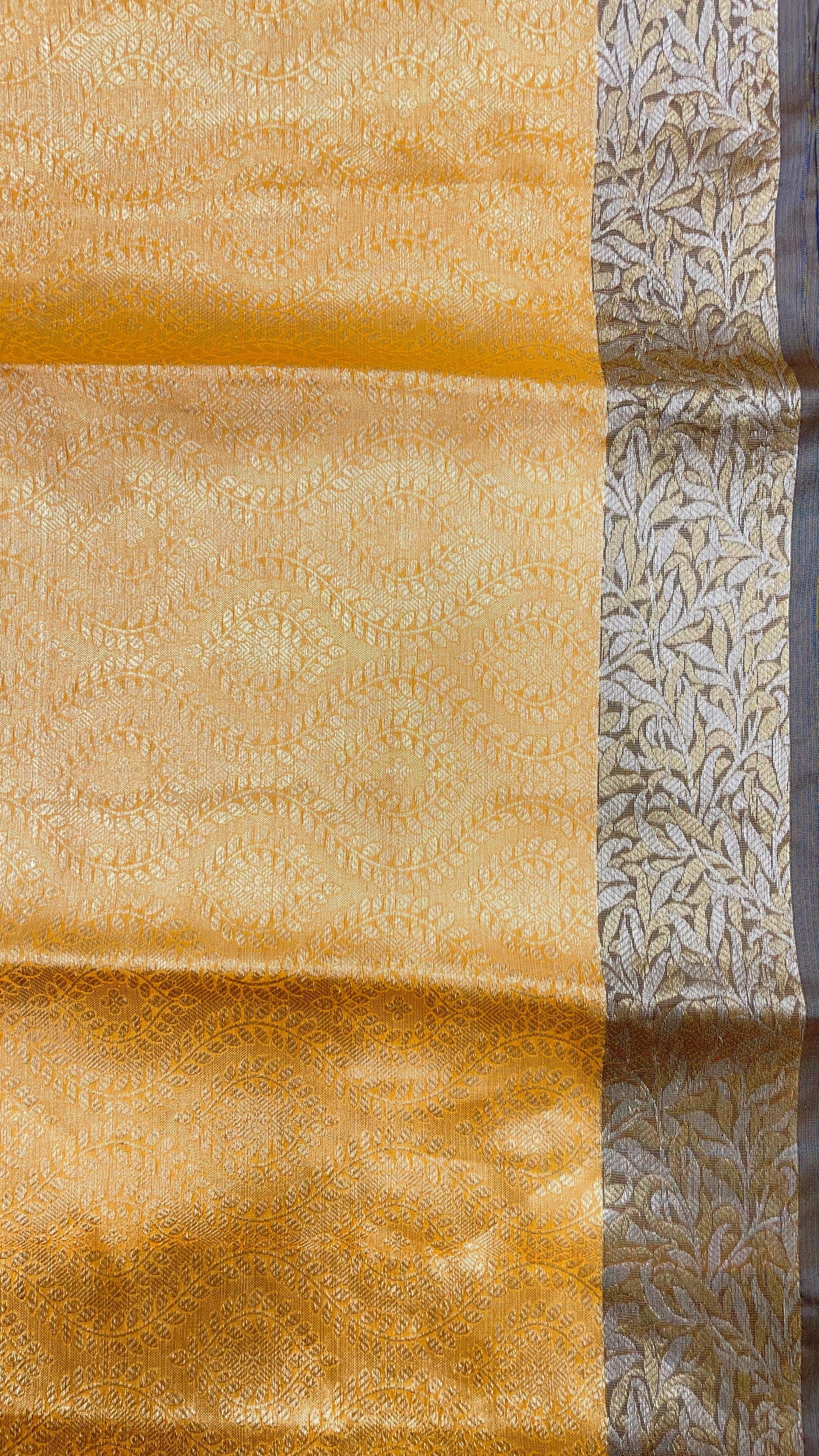 Faishana Presents Mustard Art Silk Floral Lehariya Sliver Jaal with Contrast Blue Pallu and Olive Copper Silver Jaal Zari Border with Blue Blouse