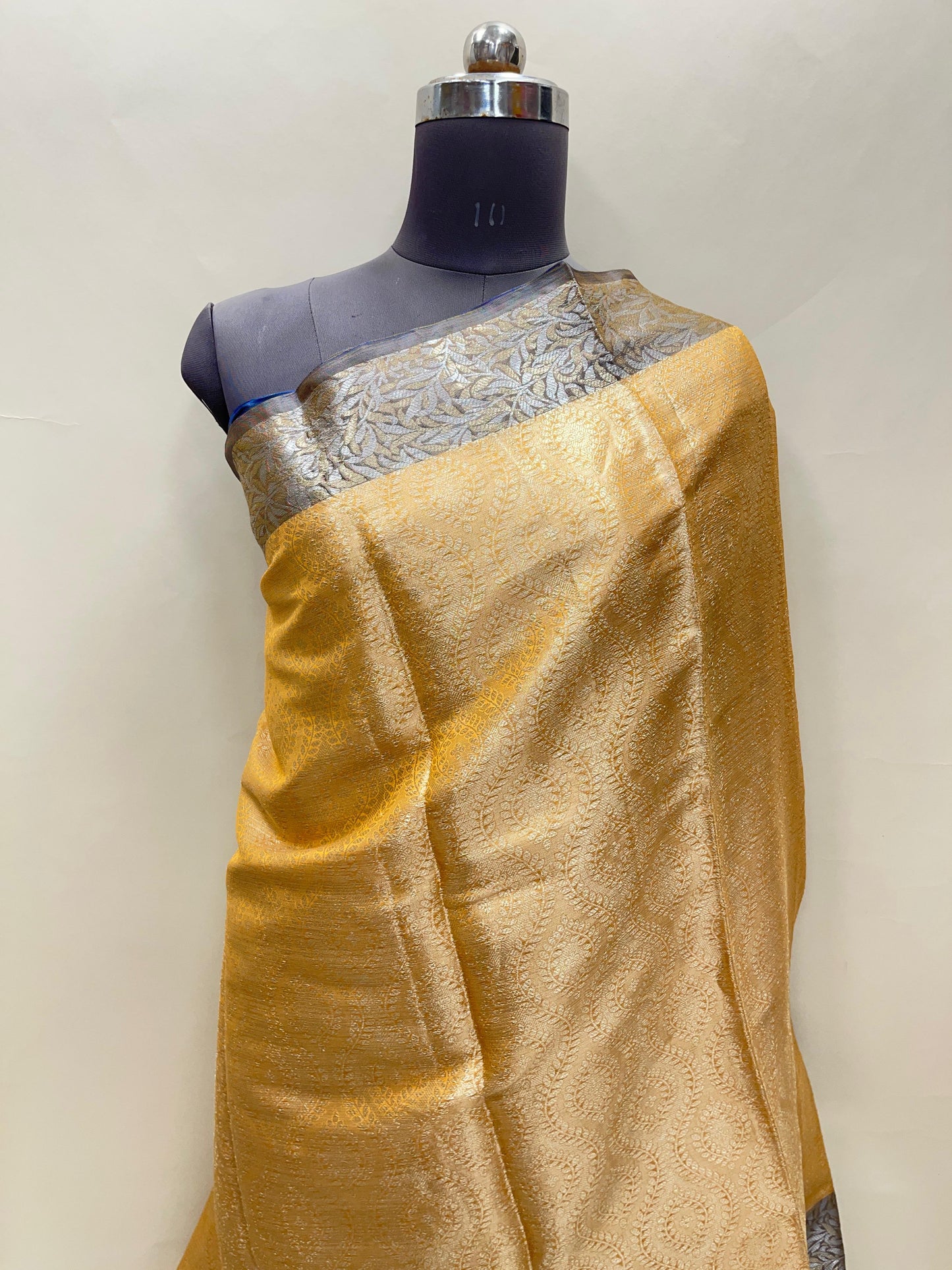 Faishana Presents Mustard Art Silk Floral Lehariya Sliver Jaal with Contrast Blue Pallu and Olive Copper Silver Jaal Zari Border with Blue Blouse
