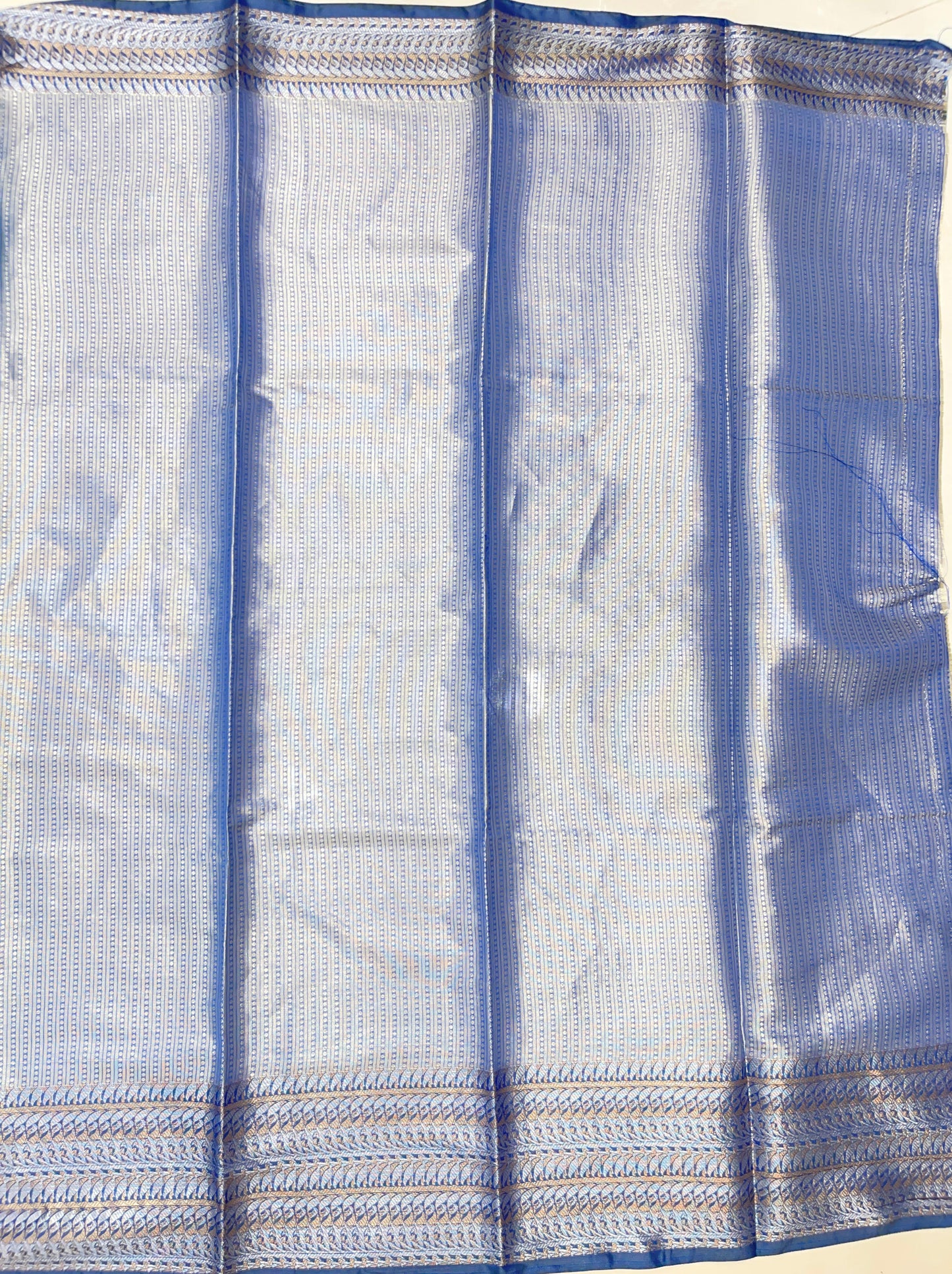 Faishana Presents Mustard Art Silk Floral Lehariya Sliver Jaal with Contrast Blue Pallu and Olive Copper Silver Jaal Zari Border with Blue Blouse
