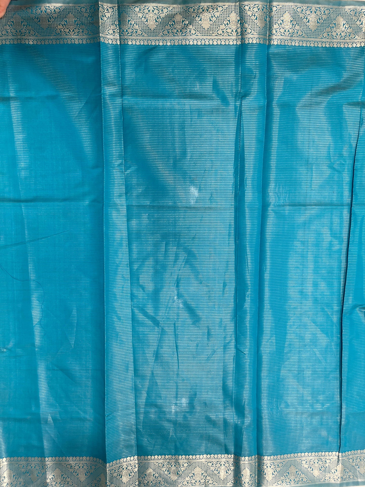 Faishana Presents Light Blue Organza Zari Plain Striped with Gold Zari Border with Contrast Gold Pallu and Light Blue Blouse