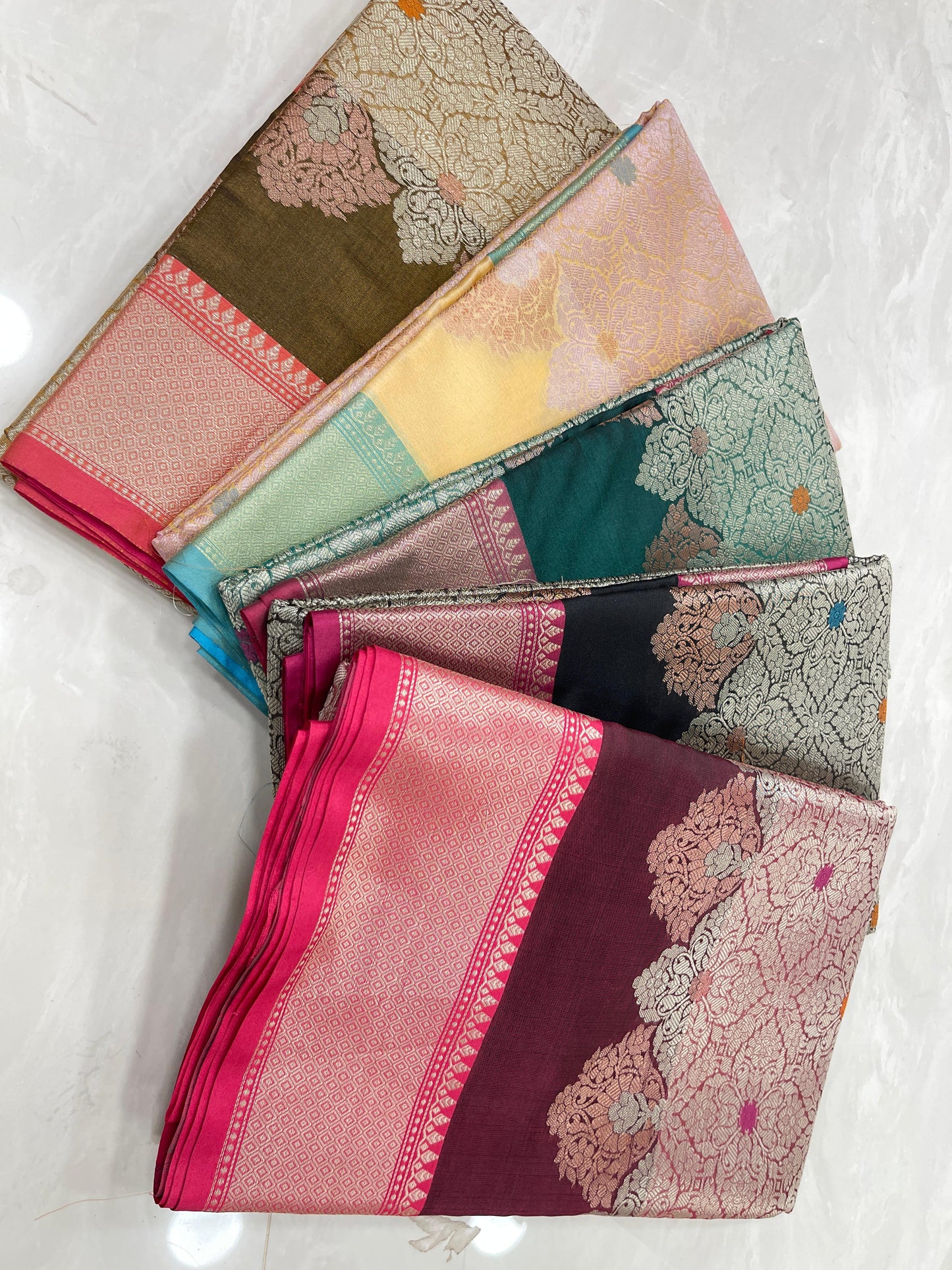 Faishana Presents Olive Green Floral Stripe Diagonal Zari Mina Jaal and Copper and Silver Boota with Contrast Maroon Pallu Banarasi Zari Border and Pink Blouse