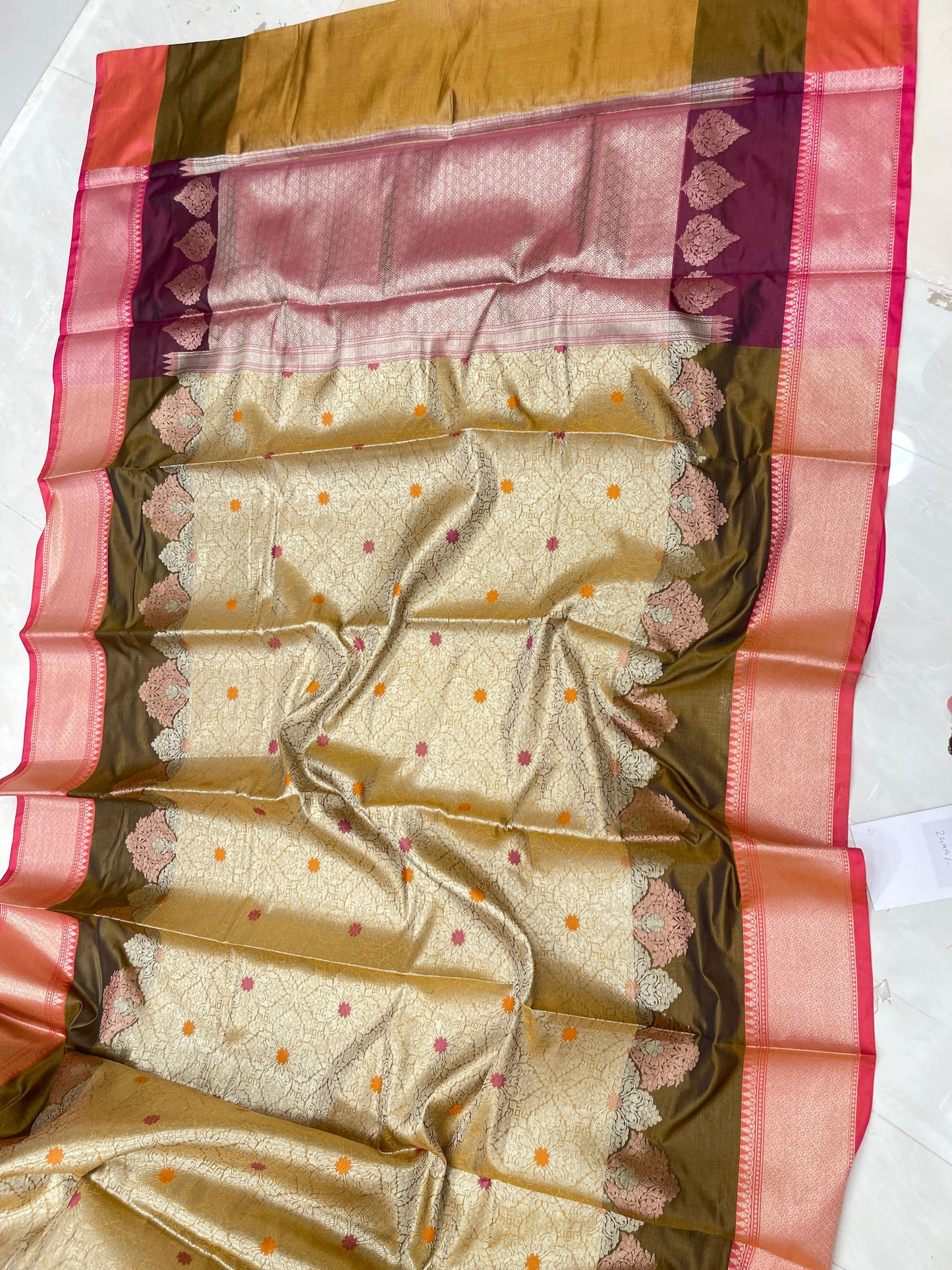 Faishana Presents Olive Green Floral Stripe Diagonal Zari Mina Jaal and Copper and Silver Boota with Contrast Maroon Pallu Banarasi Zari Border and Pink Blouse