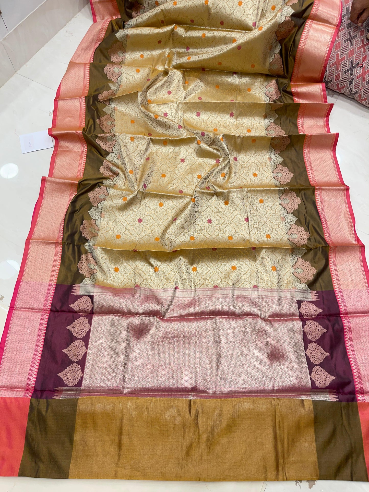Faishana Presents Olive Green Floral Stripe Diagonal Zari Mina Jaal and Copper and Silver Boota with Contrast Maroon Pallu Banarasi Zari Border and Pink Blouse