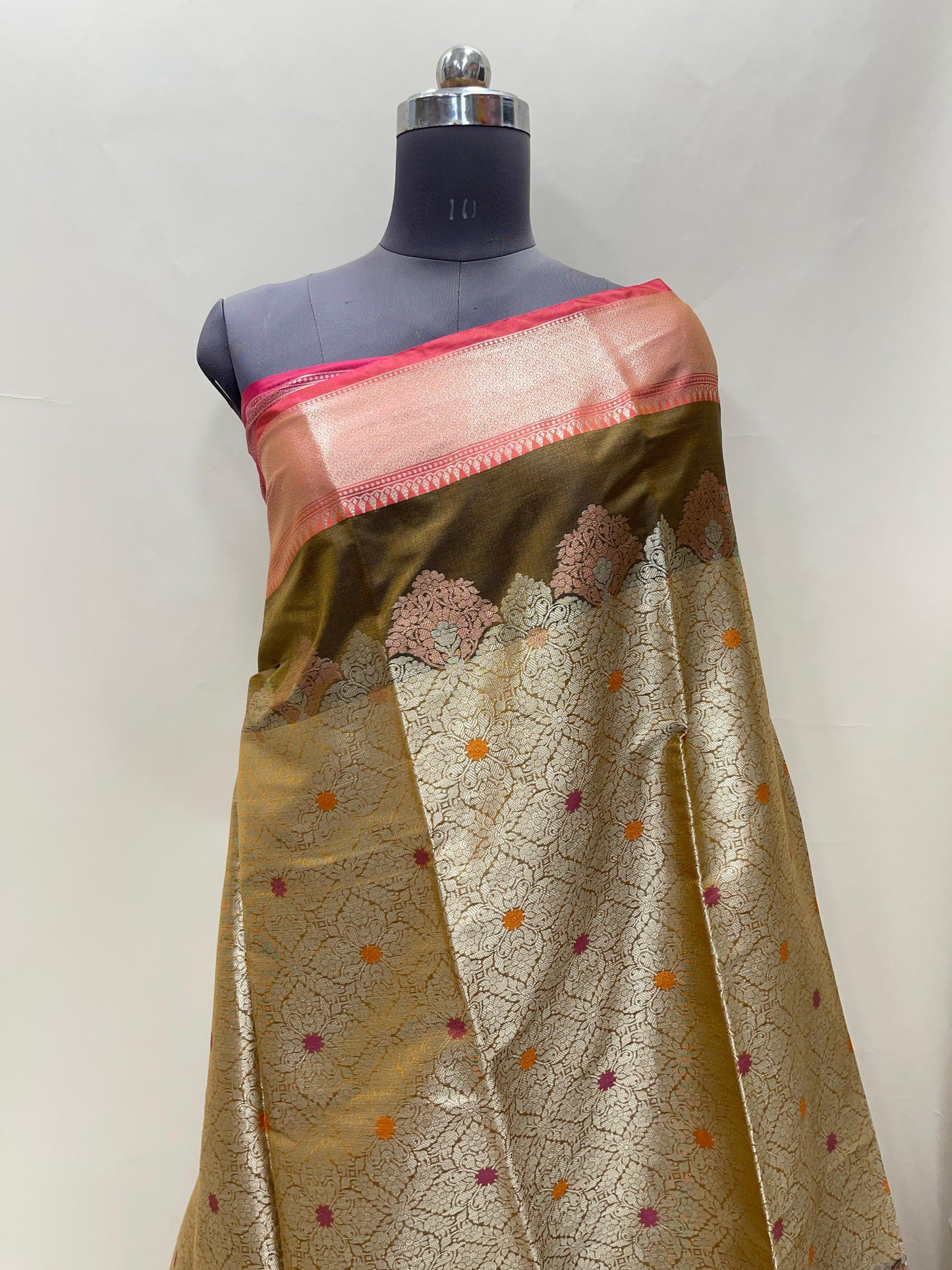 Faishana Presents Olive Green Floral Stripe Diagonal Zari Mina Jaal and Copper and Silver Boota with Contrast Maroon Pallu Banarasi Zari Border and Pink Blouse