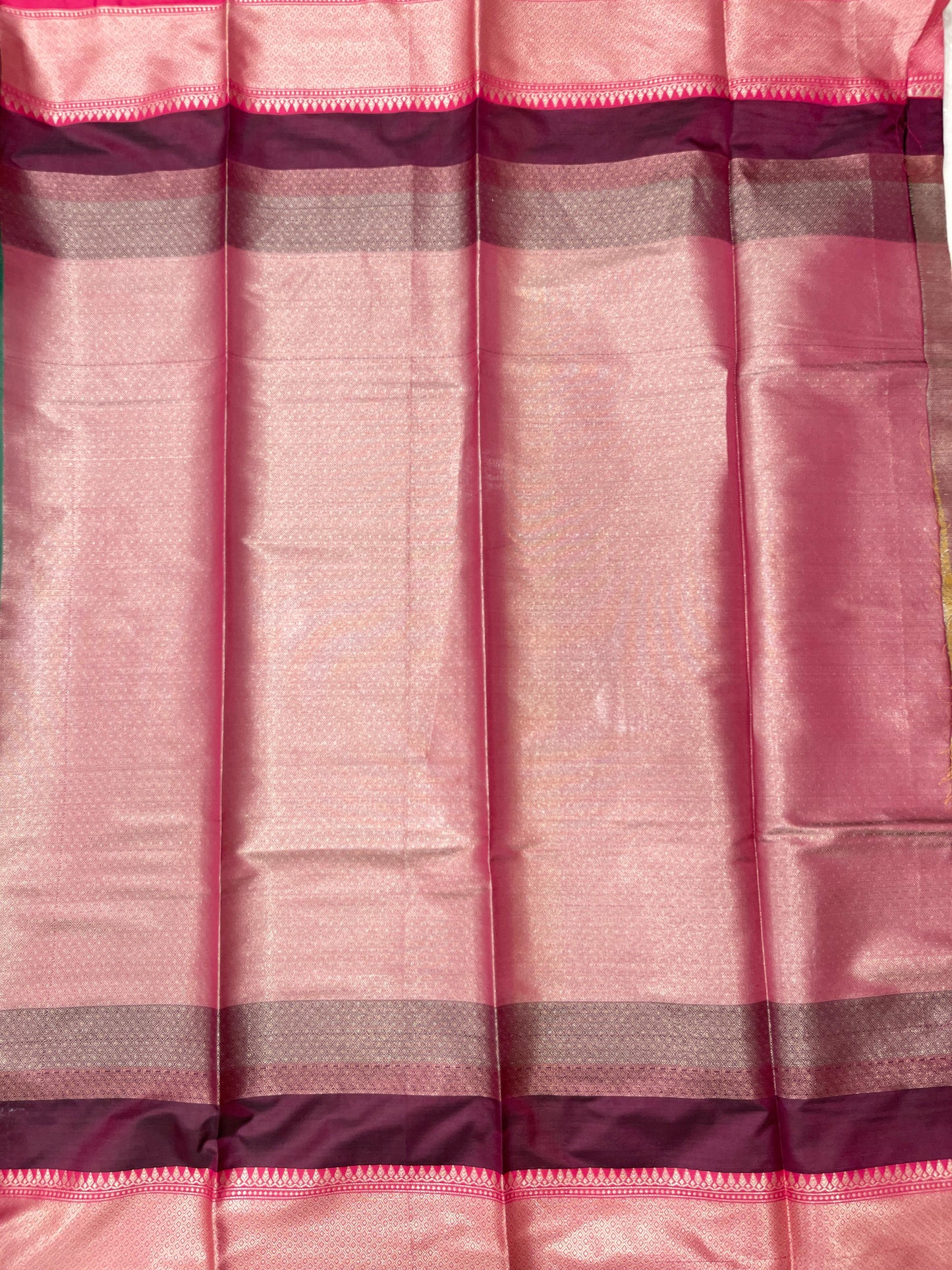 Faishana Presents Green Floral Stripe Diagonal Zari Mina Jaal and Dual Skirt Copper and Silver Boota with Contrast Burgundy Pallu Banarasi Zari Border and Burgundy Blouse