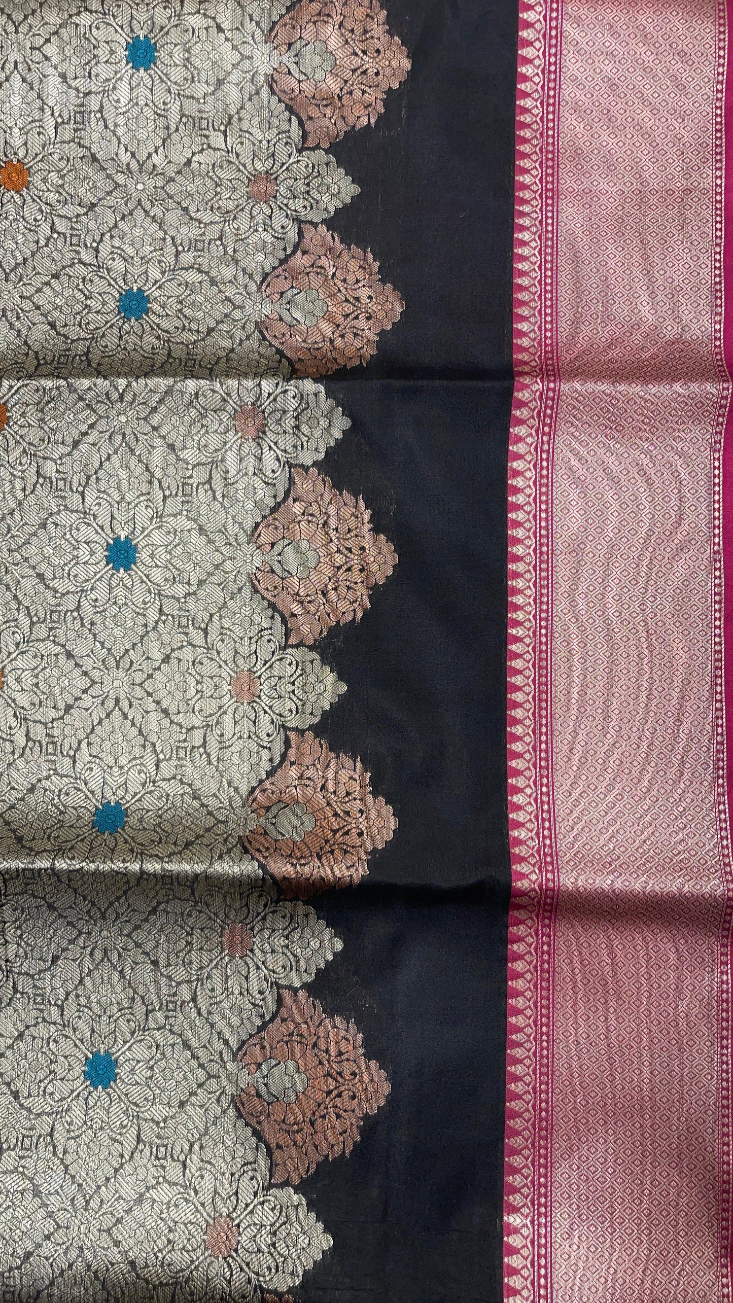 Faishana Presents Black Floral Stripe Diagonal Zari Mina Jaal and Copper and Silver Boota with Contrast Pink Pallu Banarasi Zari Border and Pink Blouse