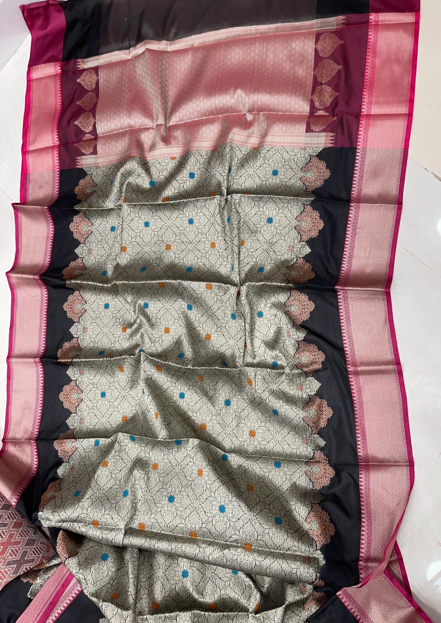 Faishana Presents Black Floral Stripe Diagonal Zari Mina Jaal and Copper and Silver Boota with Contrast Pink Pallu Banarasi Zari Border and Pink Blouse