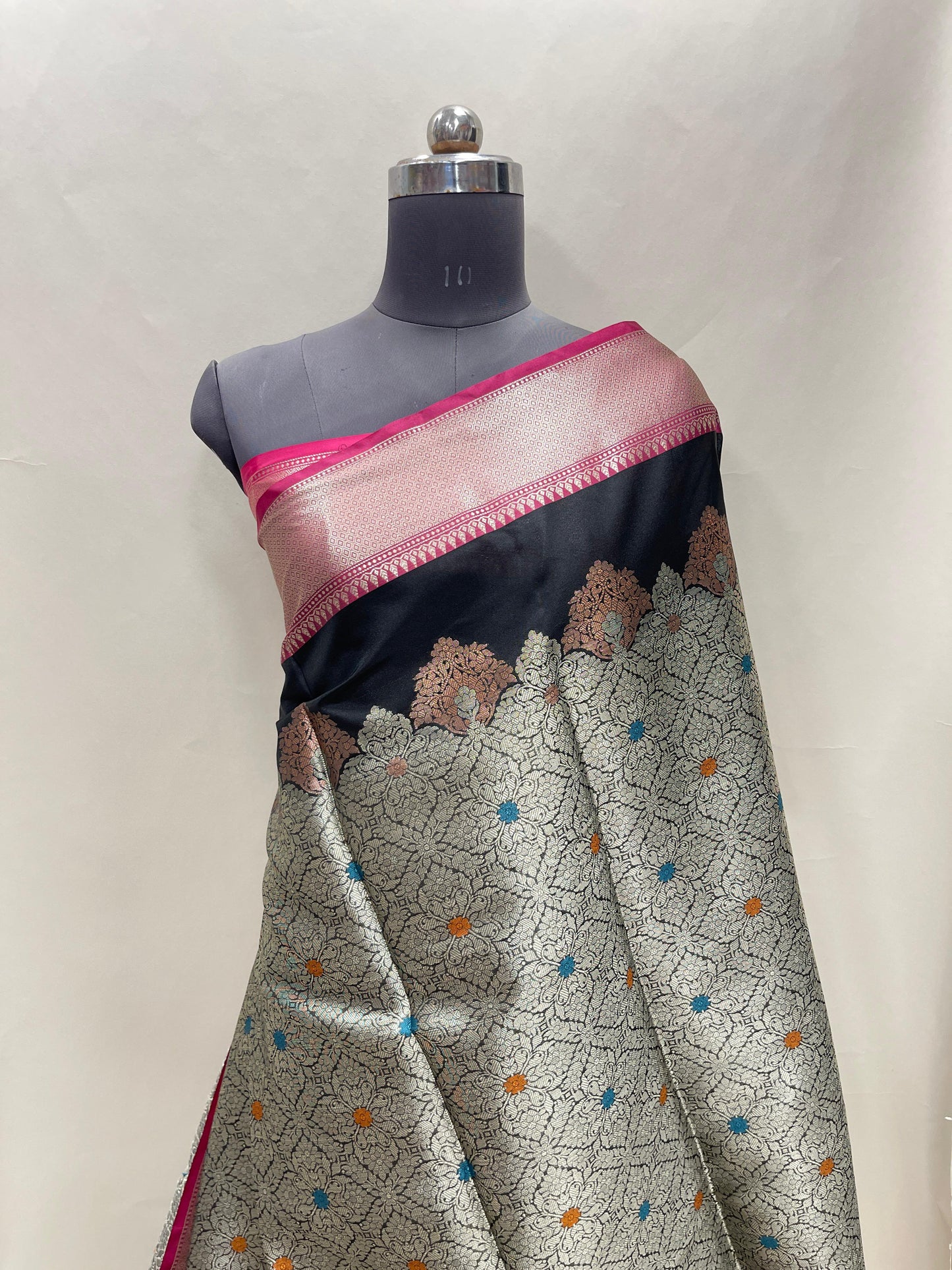Faishana Presents Black Floral Stripe Diagonal Zari Mina Jaal and Copper and Silver Boota with Contrast Pink Pallu Banarasi Zari Border and Pink Blouse