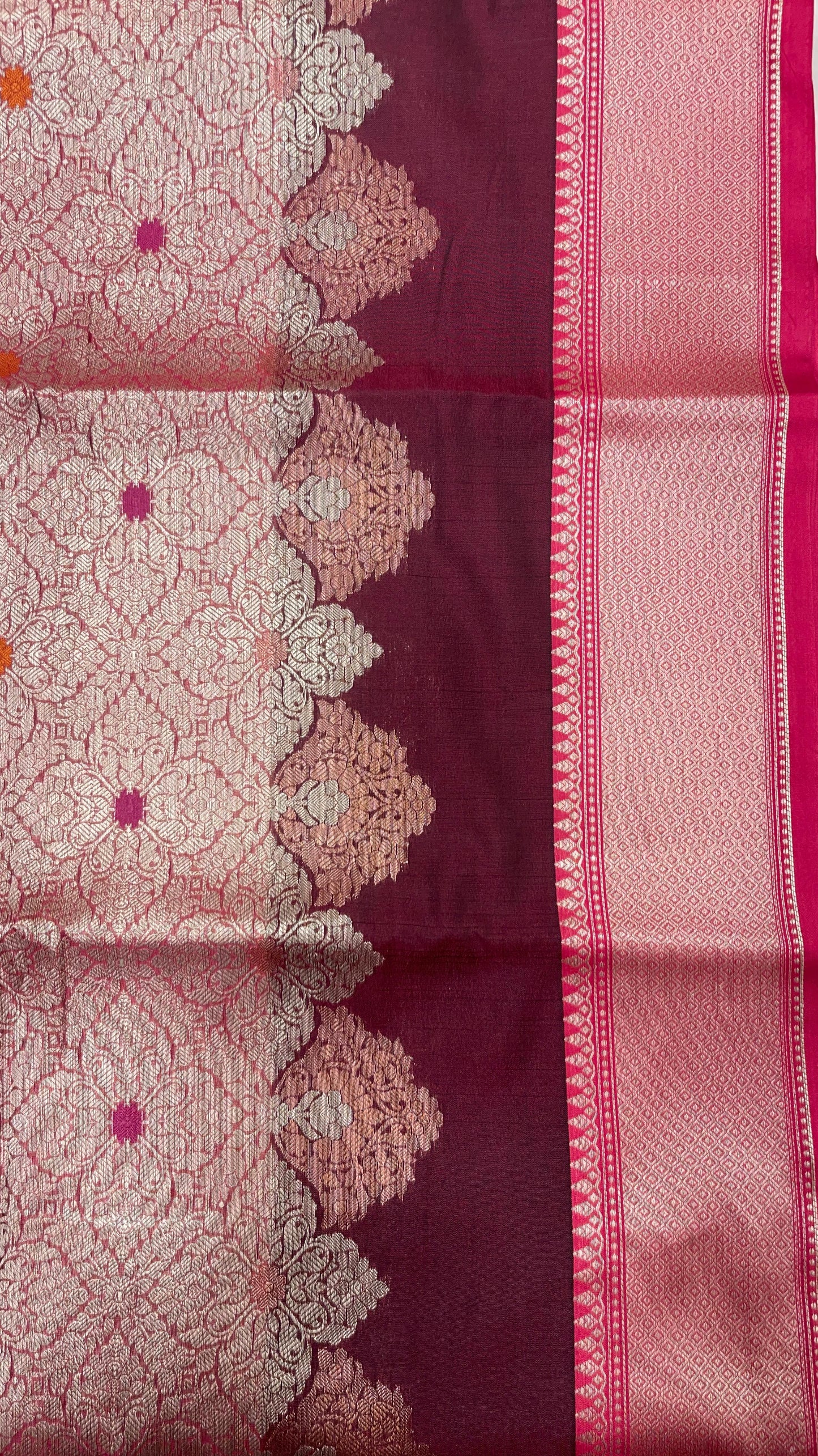 Faishana Presents Wine Floral Stripe Diagonal Zari Mina Jaal and Copper and Silver Boota with Contrast Green Pallu Banarasi Zari Border and Green Blouse
