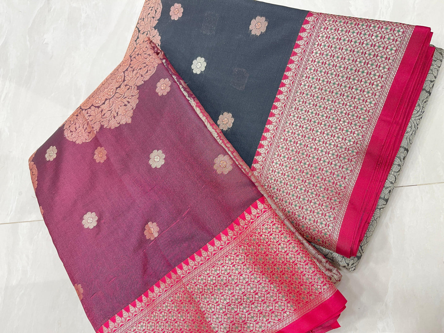 Faishana Presents Wine Floral Stripe Diagonal Zari Mina Jaal and Copper and Silver Boota with Contrast Green Pallu Banarasi Zari Border and Green Blouse