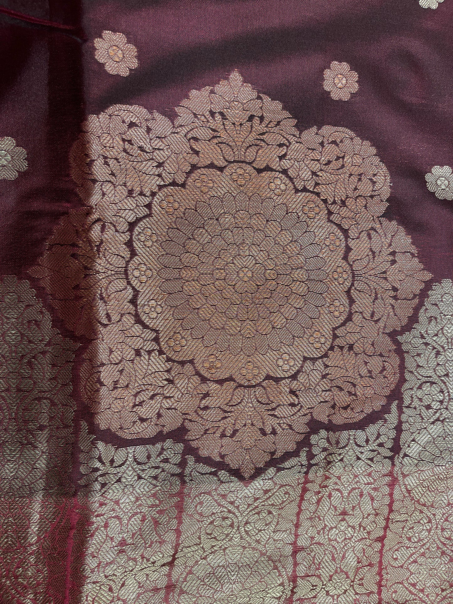 Faishana Presents Burgundy Floral Copper Zari Boota with Contrast Green Pallu Banarasi Zari Border with Green Multi Stripe Blouse