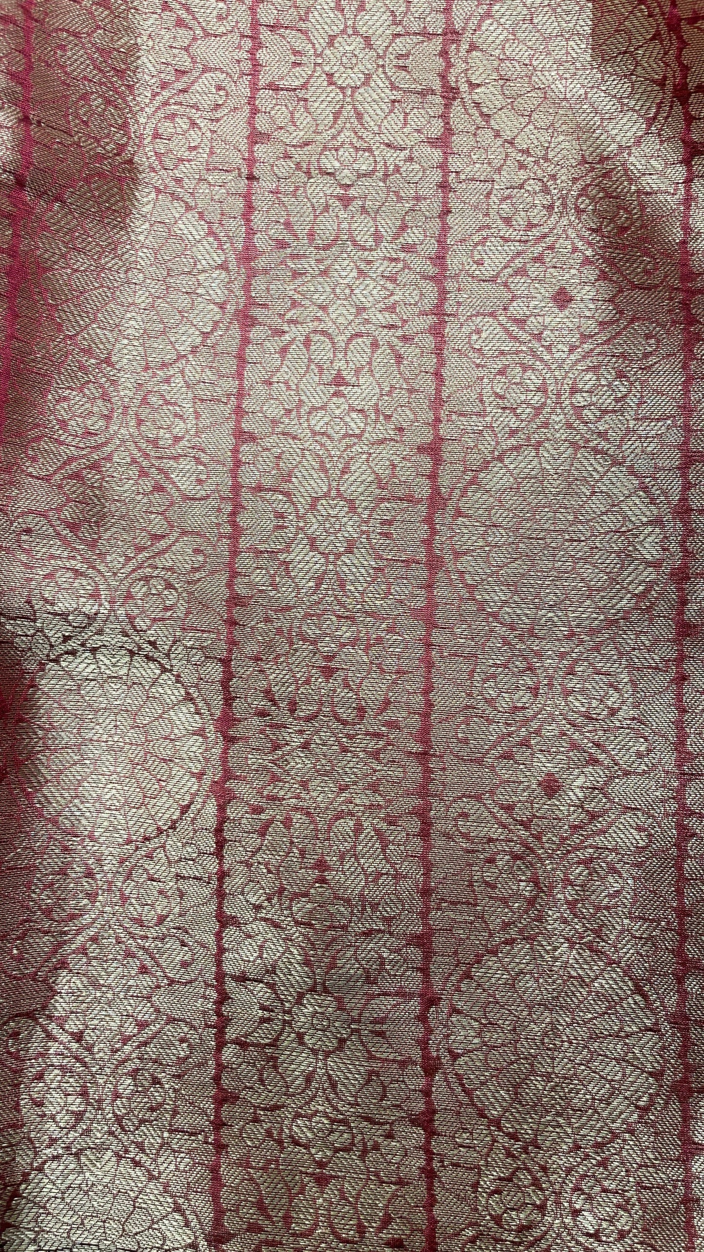 Faishana Presents Wine Floral Stripe Diagonal Zari Mina Jaal and Copper and Silver Boota with Contrast Green Pallu Banarasi Zari Border and Green Blouse