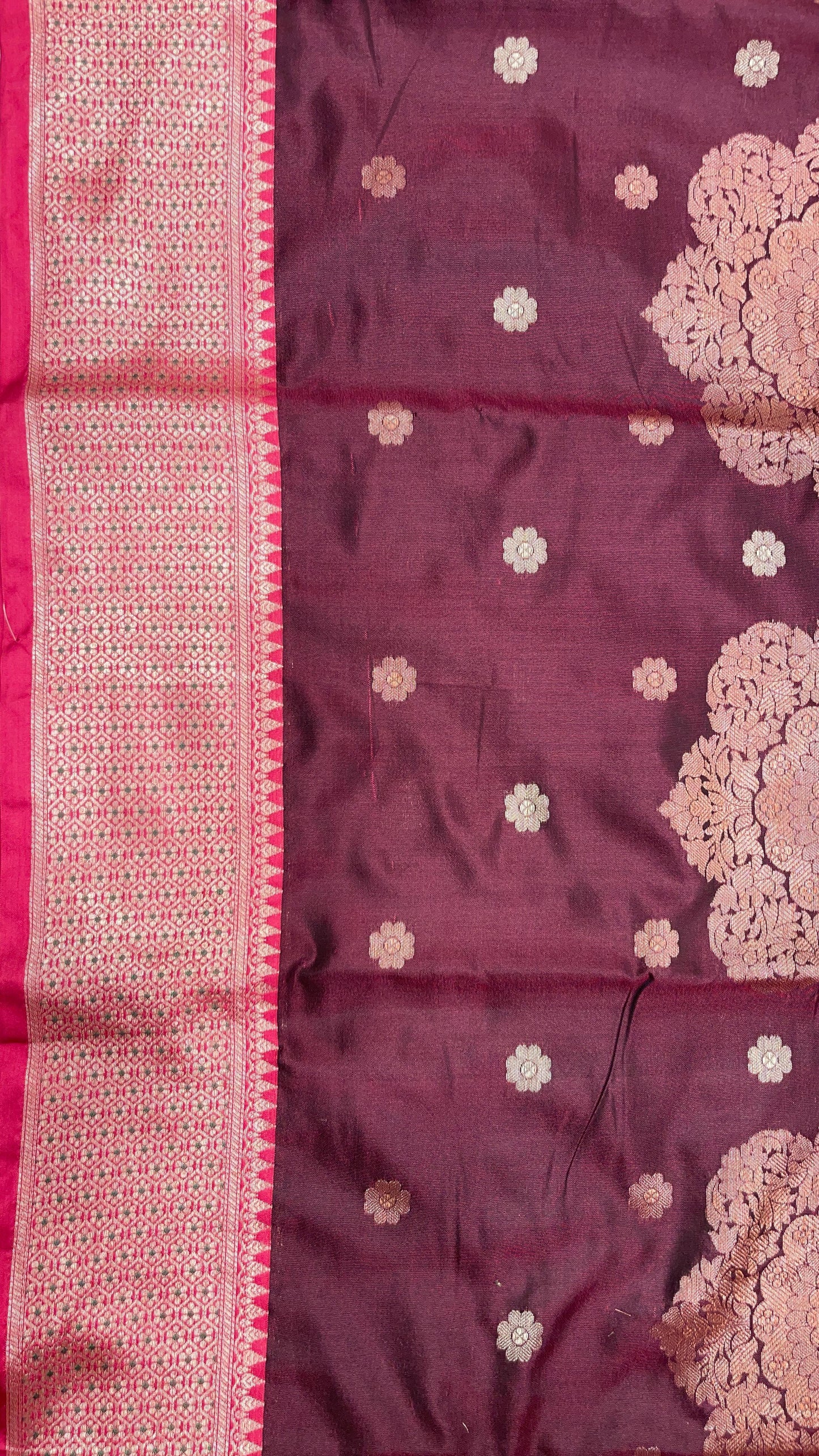 Faishana Presents Burgundy Floral Copper Zari Boota with Contrast Green Pallu Banarasi Zari Border with Green Multi Stripe Blouse