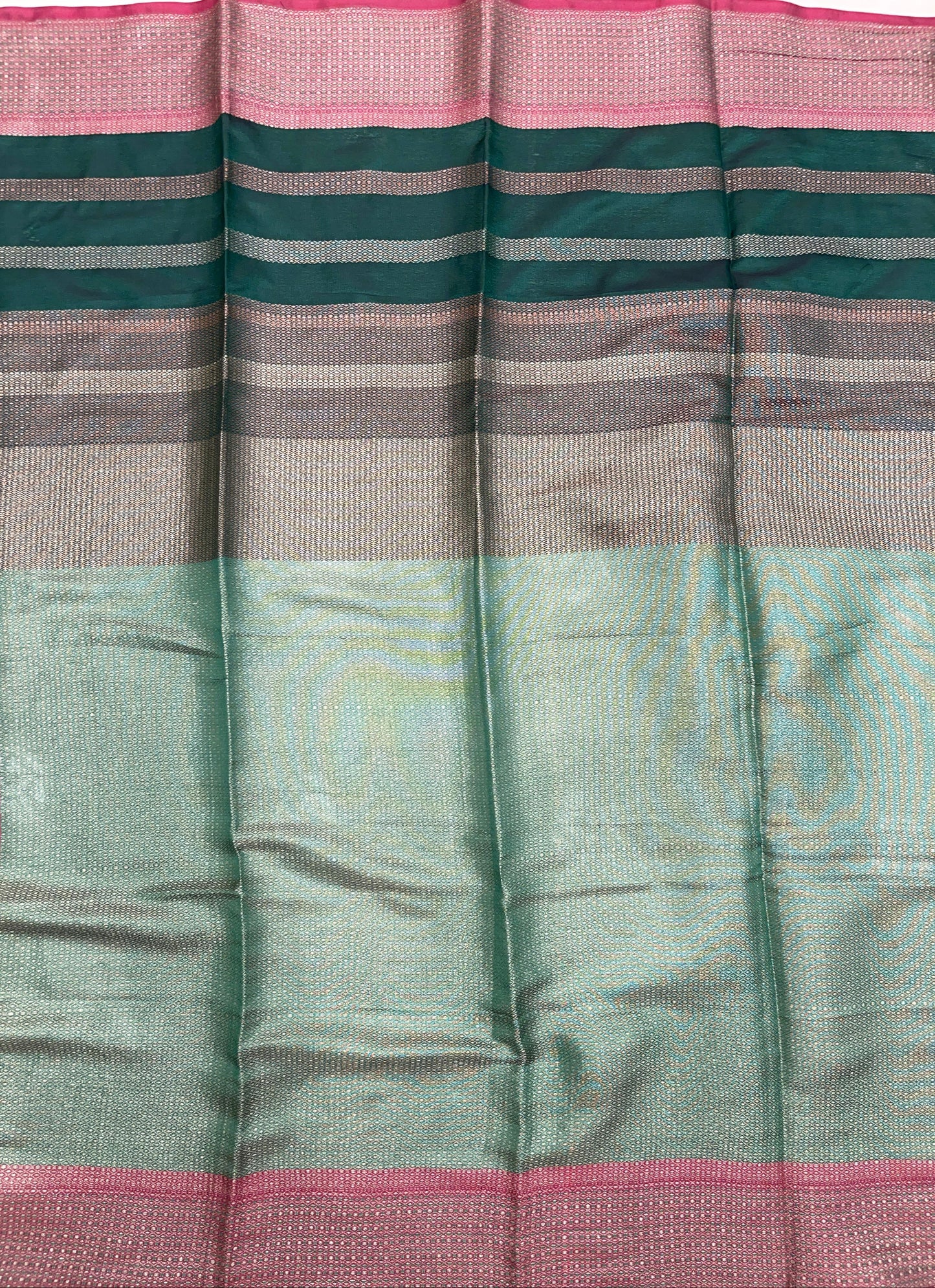 Faishana Presents Burgundy Floral Copper Zari Boota with Contrast Green Pallu Banarasi Zari Border with Green Multi Stripe Blouse